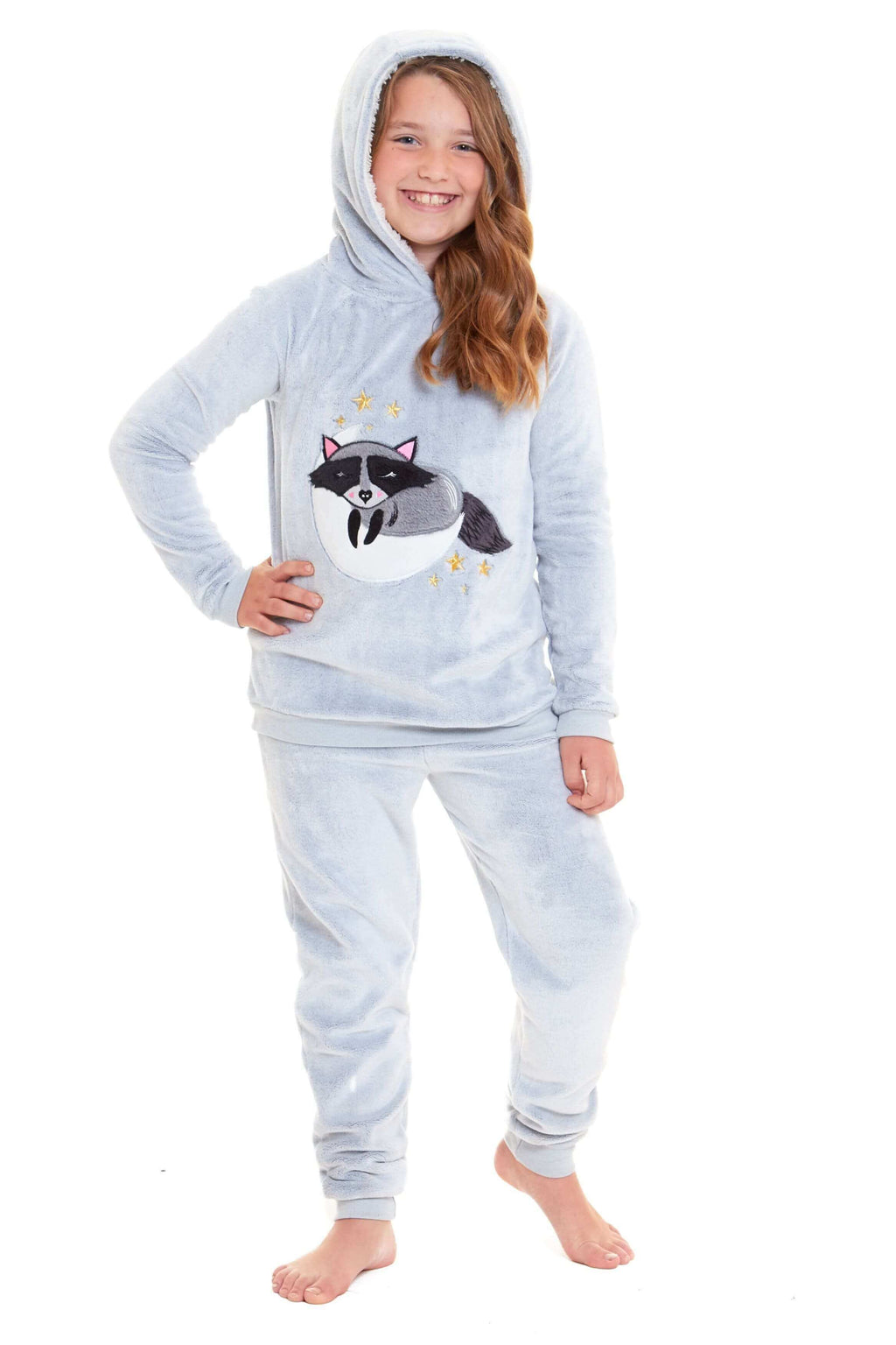 Daisy Dreamer Cuddly Raccoon Fleece Hooded Pyjama Set For Women And Girls Sherpa Lined