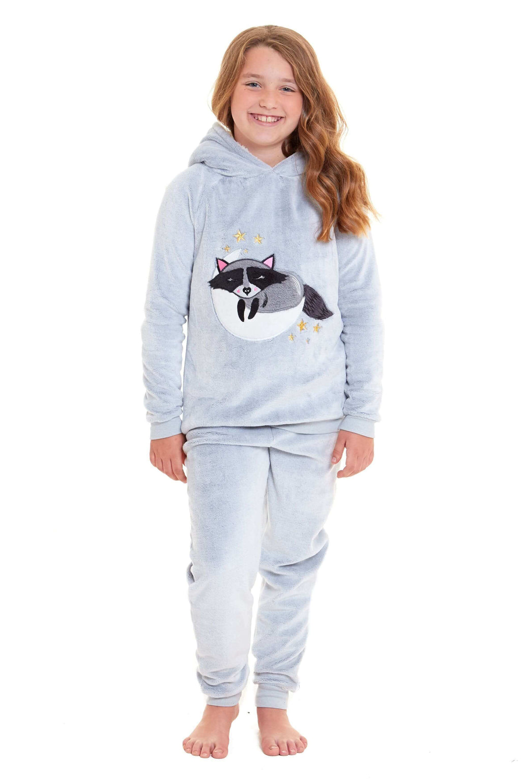 Daisy Dreamer Cuddly Raccoon Fleece Hooded Pyjama Set For Women And Girls Sherpa Lined