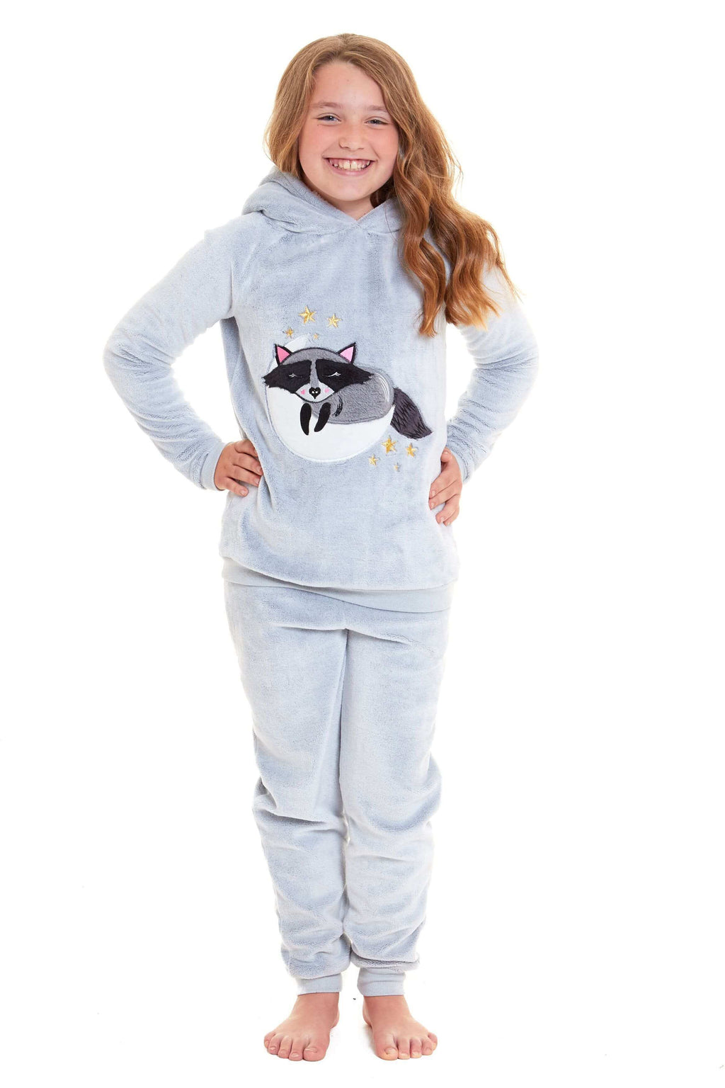Daisy Dreamer Cuddly Raccoon Fleece Hooded Pyjama Set For Women And Girls Sherpa Lined