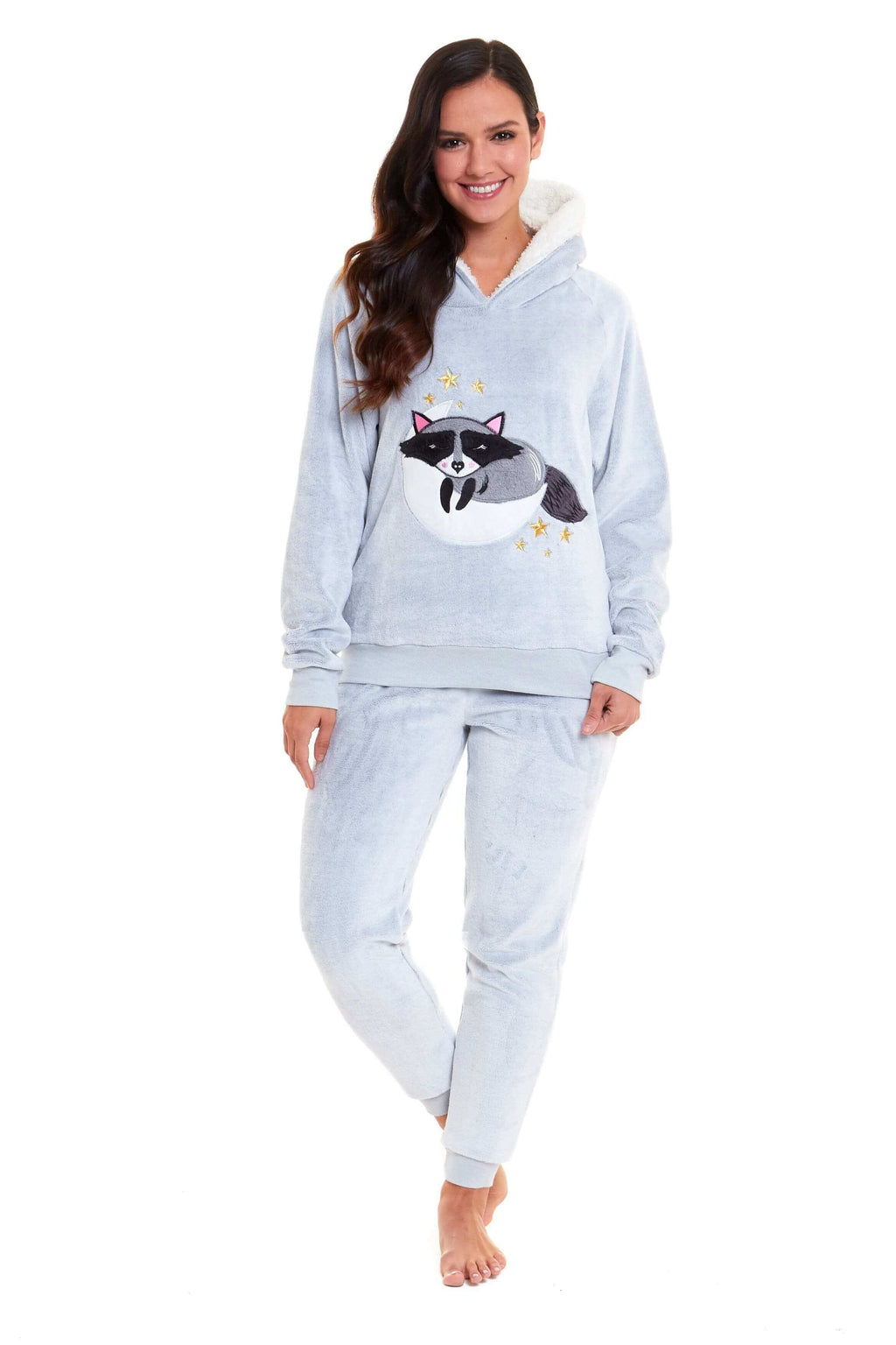 Daisy Dreamer Cuddly Raccoon Fleece Hooded Pyjama Set For Women And Girls Sherpa Lined