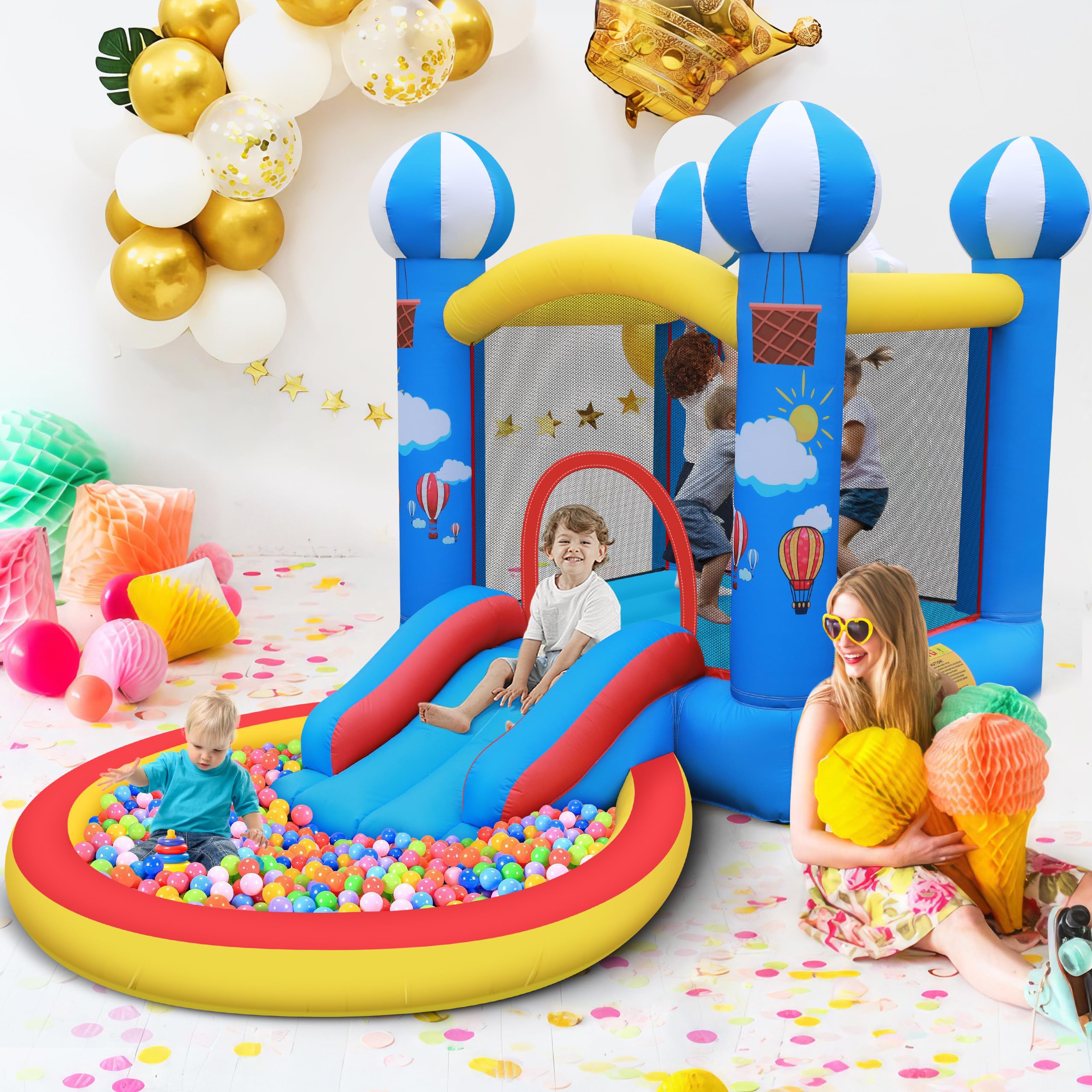 CulaLuva 4-in-1 Inflatable Bounce House with Ball Pit, Slide & 370W Blower - Indoor & Outdoor Play