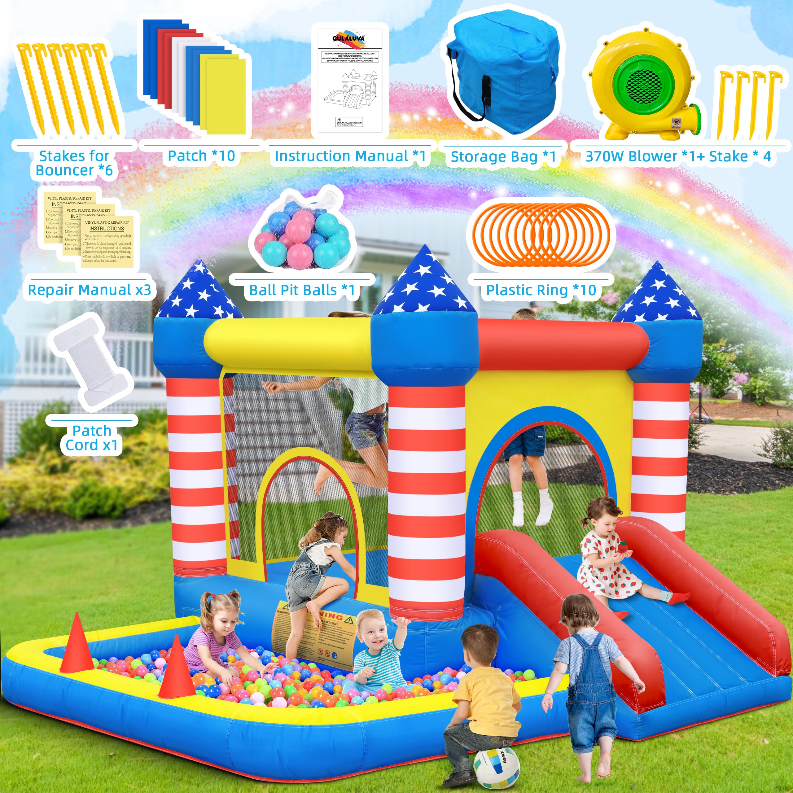 CulaLuva Inflatable Bounce House 5-in-1: Ball Pit, Slide & 370W Blower (Indoor/Outdoor)
