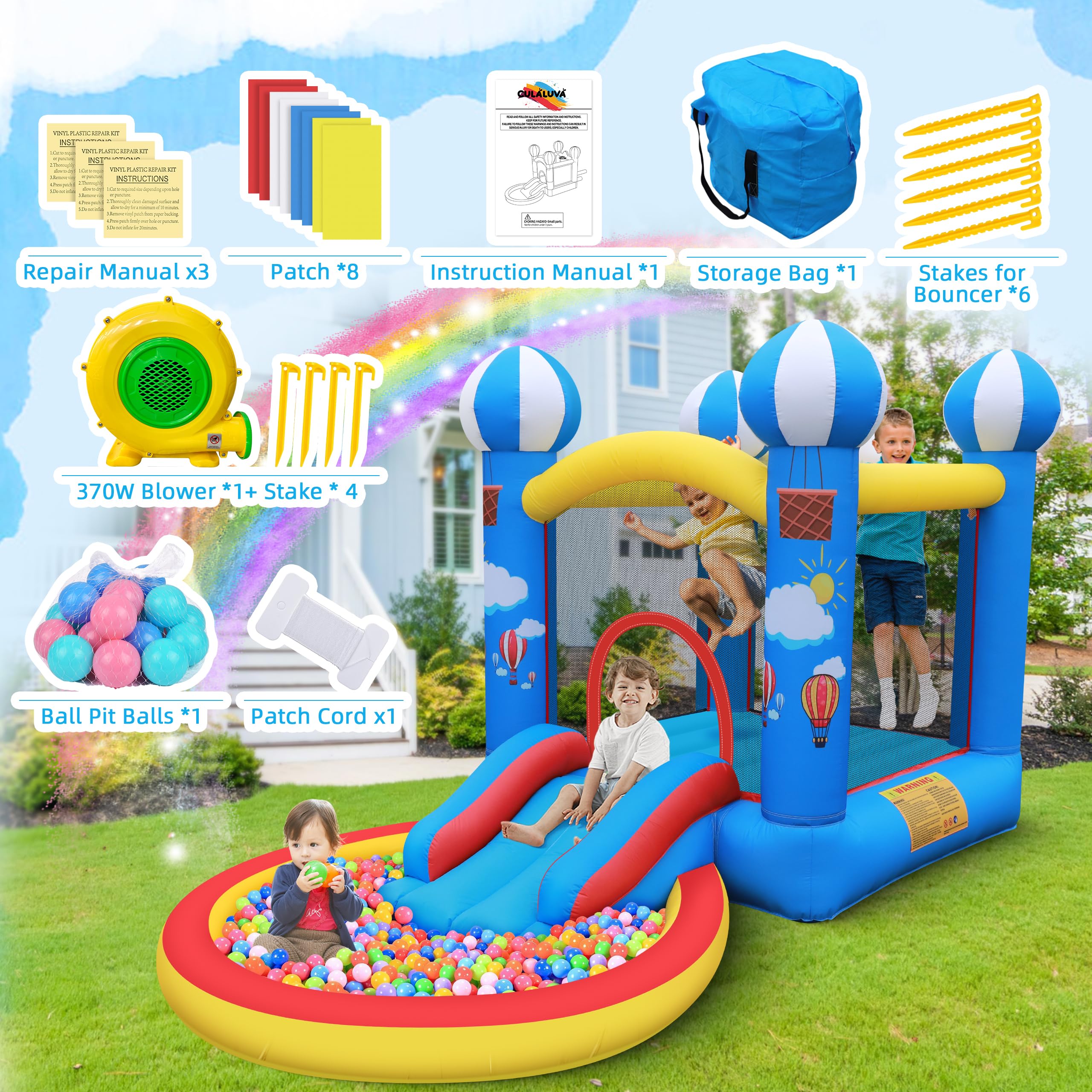 CulaLuva 4-in-1 Inflatable Bounce House with Ball Pit, Slide & 370W Blower - Indoor & Outdoor Play