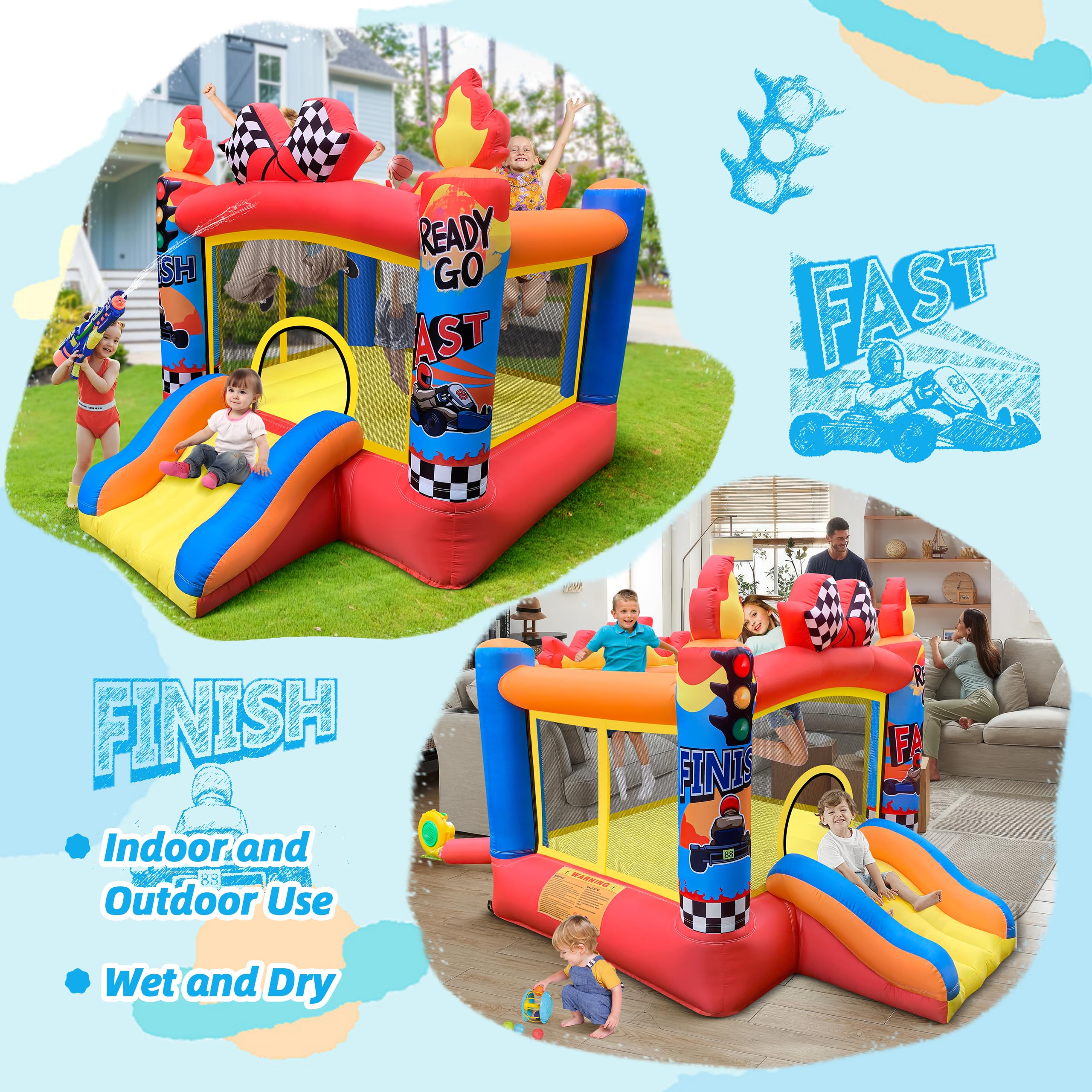 Culaluva Inflatable Bounce House 2-in-1 with Slide for Kids Aged 3-6 – 370W Blower