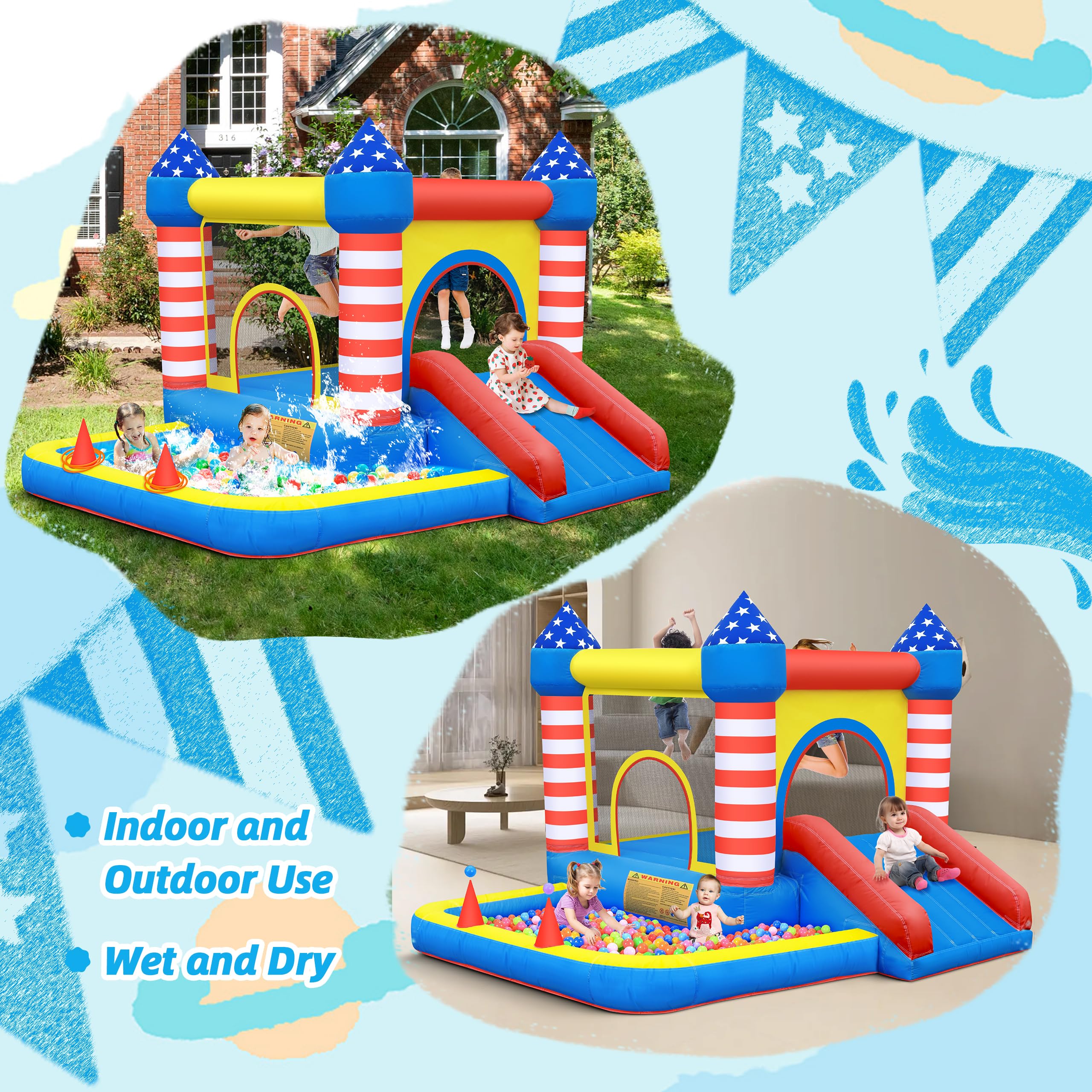 CulaLuva Inflatable Bounce House 5-in-1: Ball Pit, Slide & 370W Blower (Indoor/Outdoor)