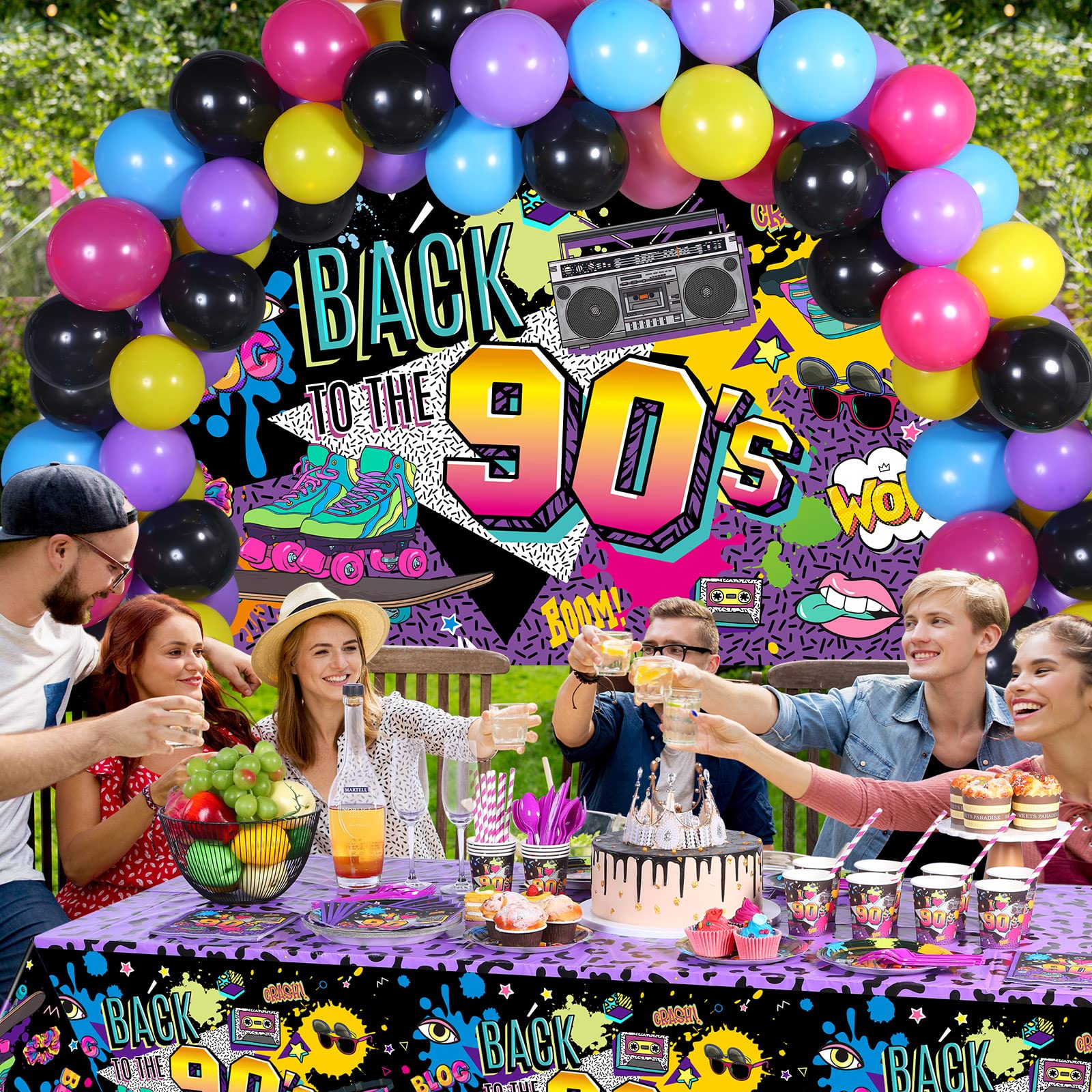 Cunhill 90s Party Decorations Set – Retro Backdrop, Balloons & Dinnerware