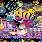 Cunhill 90s Party Decorations Set – Retro Backdrop, Balloons & Dinnerware