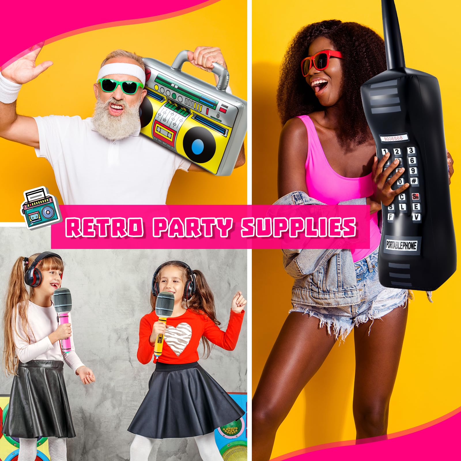Cunhill 29-Piece 80s/90s Party Decor Set — Inflatable Boom Box Cooler, Gold Foil Balloons & More