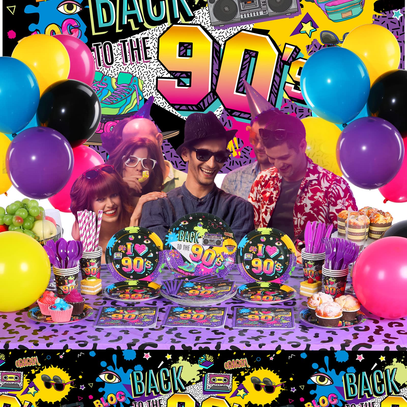 Cunhill 90s Party Decorations Set – Retro Backdrop, Balloons & Dinnerware