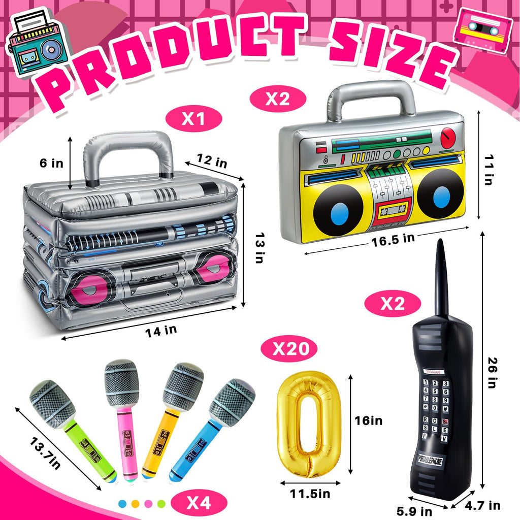 Cunhill 29-Piece 80s/90s Party Decor Set — Inflatable Boom Box Cooler, Gold Foil Balloons & More