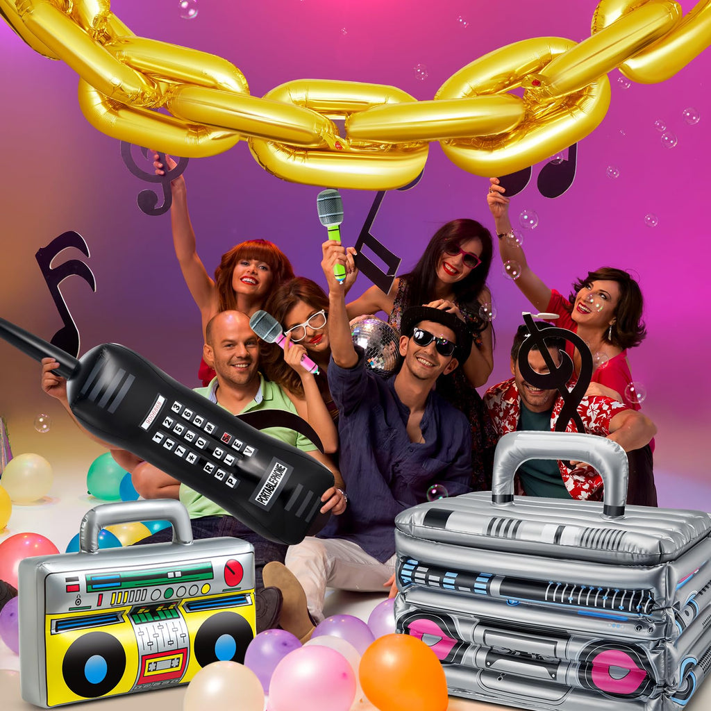 Cunhill 29-Piece 80s/90s Party Decor Set — Inflatable Boom Box Cooler, Gold Foil Balloons & More