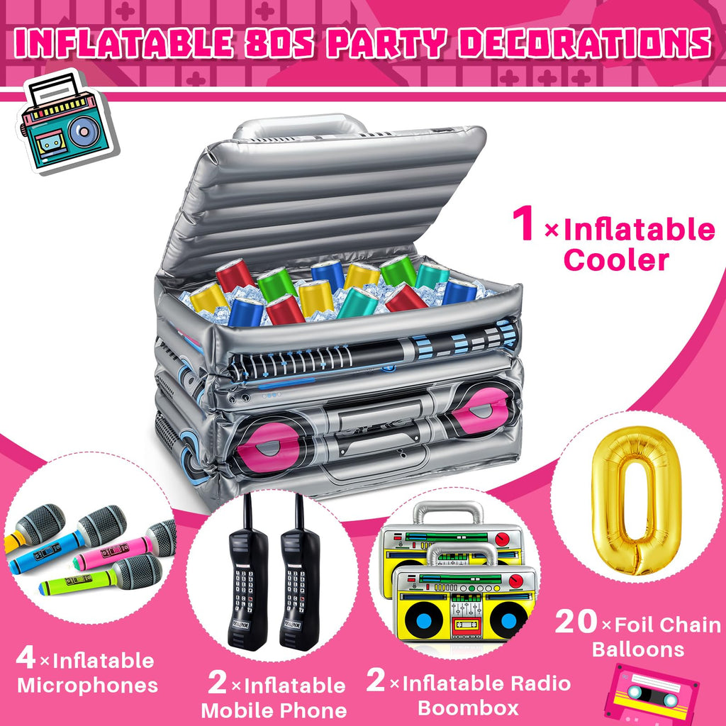 Cunhill 29-Piece 80s/90s Party Decor Set — Inflatable Boom Box Cooler, Gold Foil Balloons & More