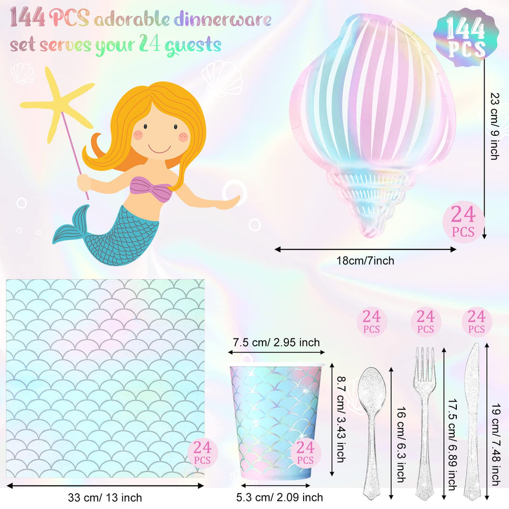 Cunhill 144 Pcs Mermaid Party Supplies – Elegant Under the Sea Dinnerware Set