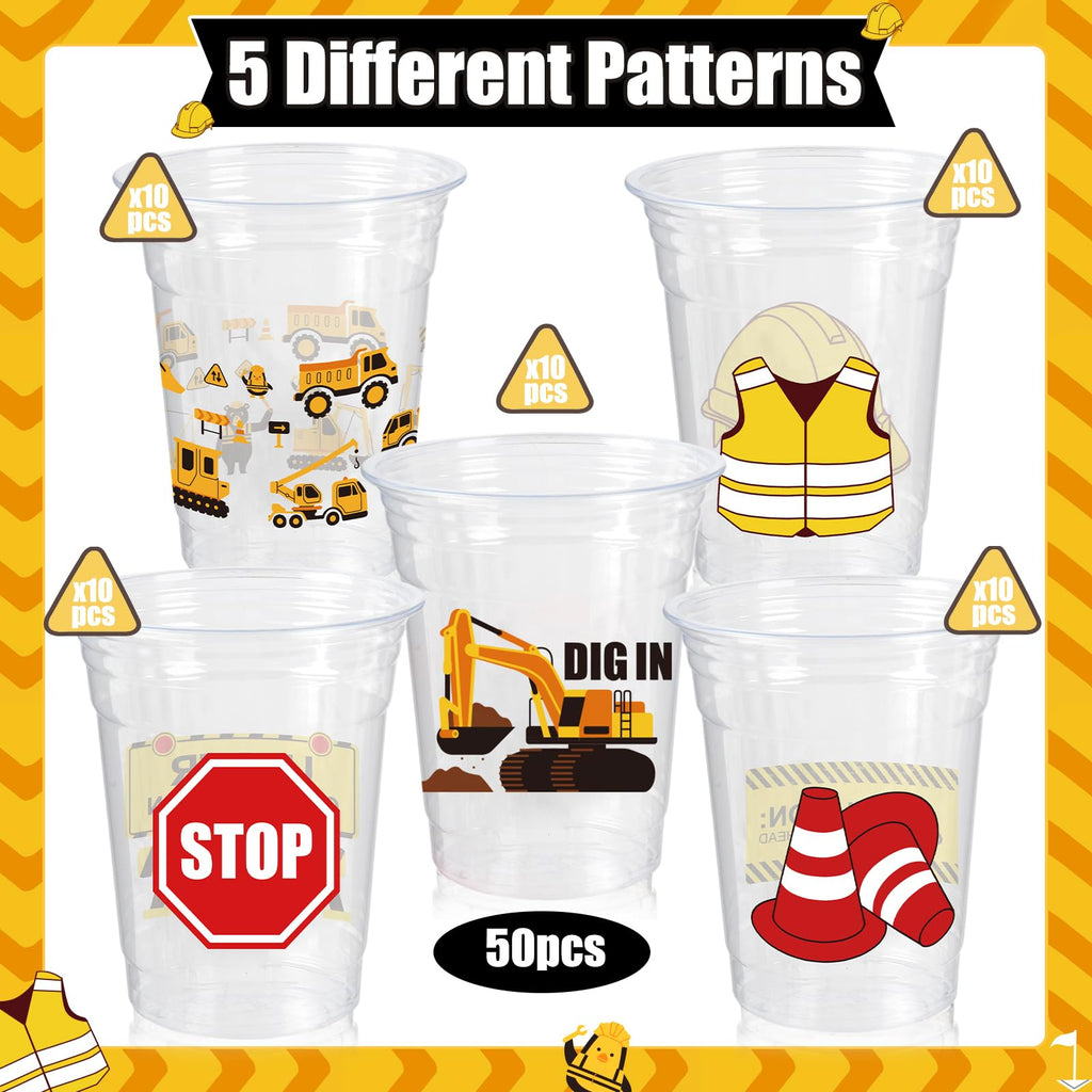 CUPLOOV 50-Pack Construction Party Cups - 12oz Excavator Theme