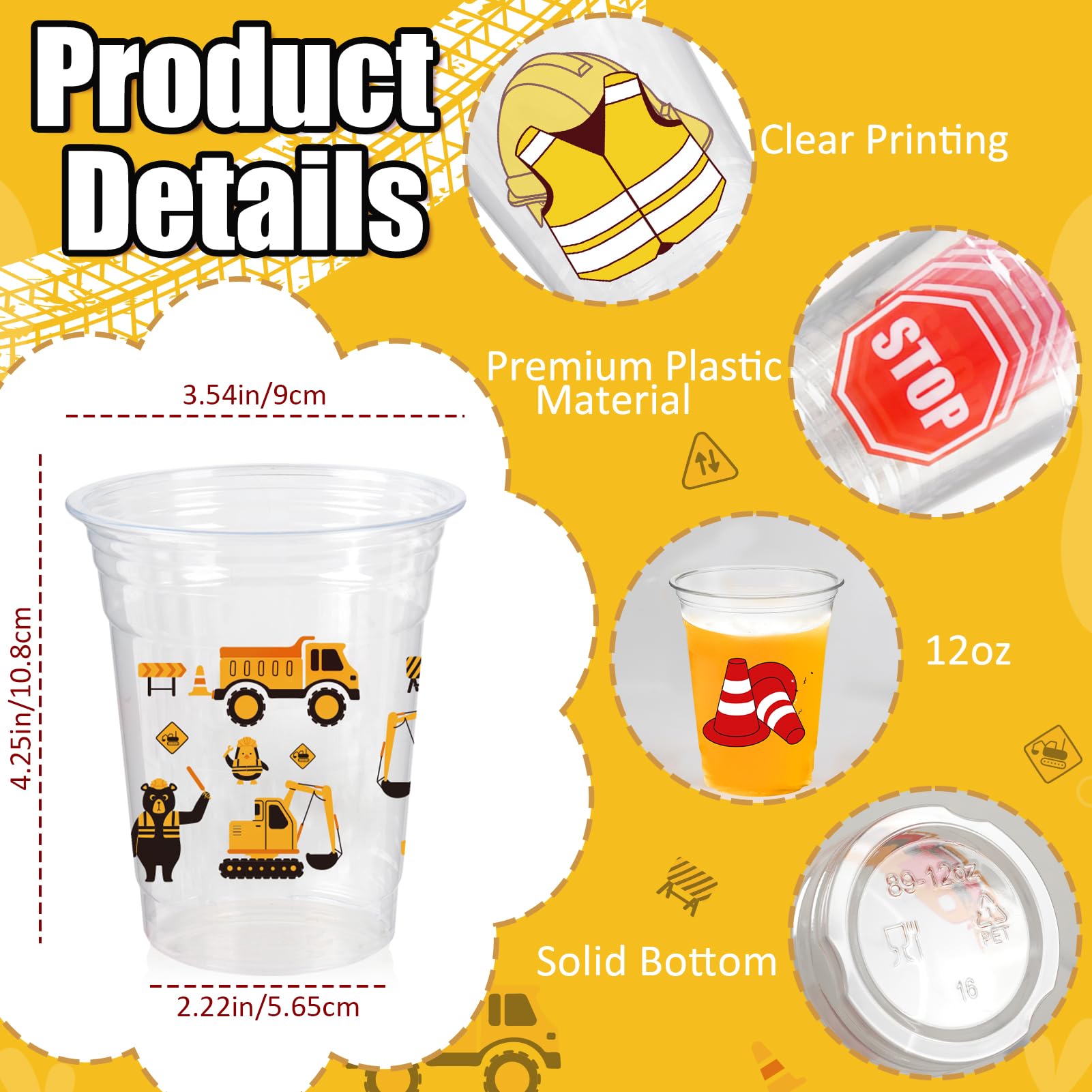 CUPLOOV 50-Pack Construction Party Cups - 12oz Excavator Theme