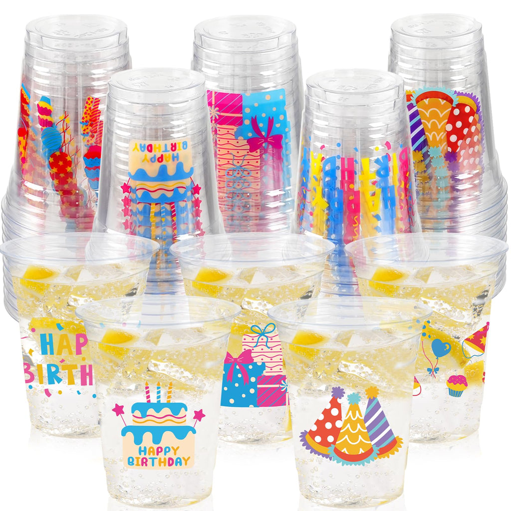 CUPLOOV 50pcs Happy Birthday Cups – 12oz Colorful Disposable Party Cups for Kids