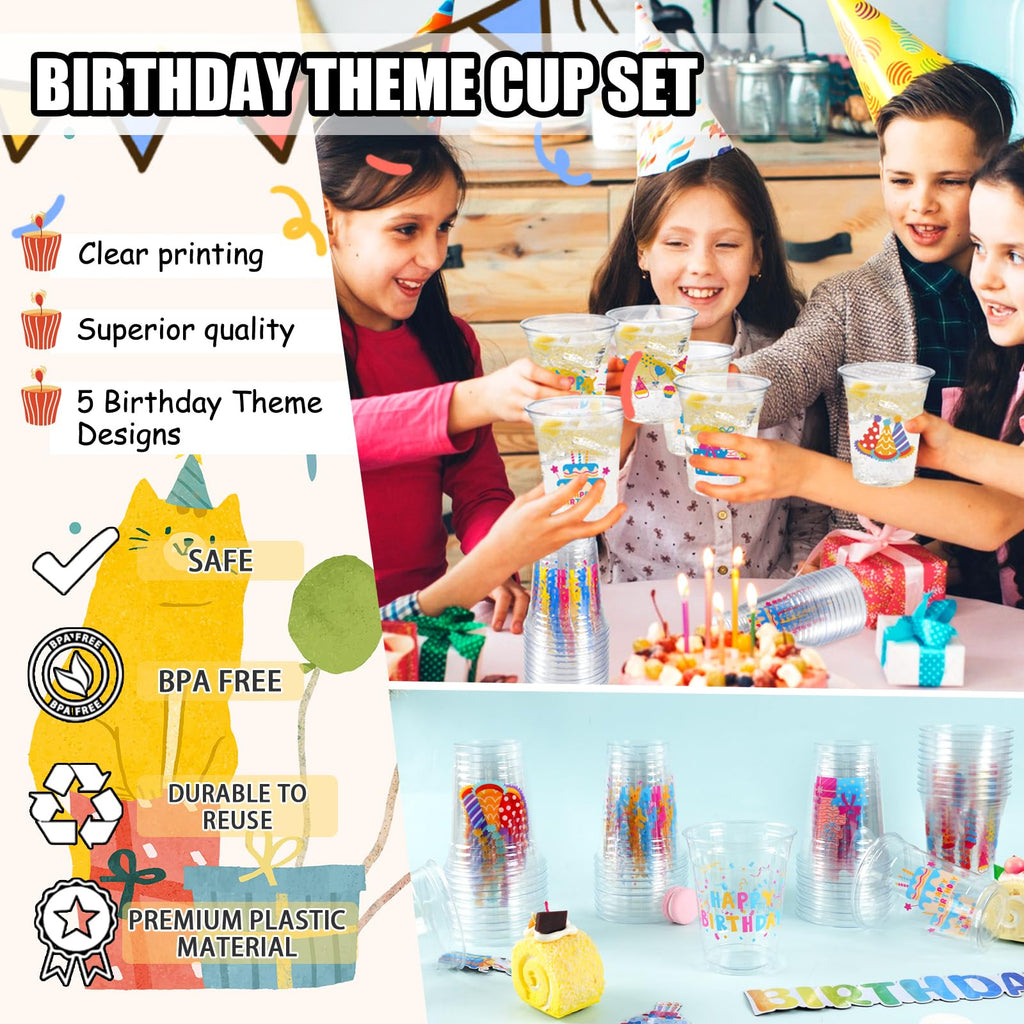 CUPLOOV 50pcs Happy Birthday Cups – 12oz Colorful Disposable Party Cups for Kids