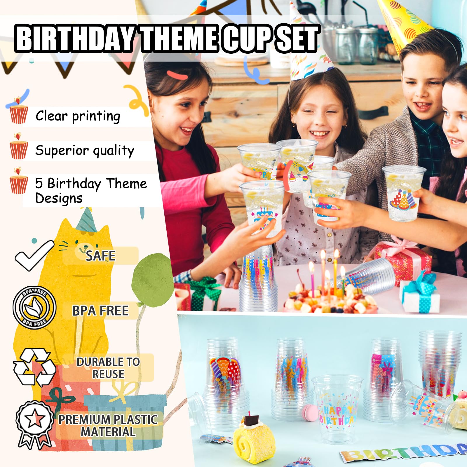 CUPLOOV 50pcs Happy Birthday Cups – 12oz Colorful Disposable Party Cups for Kids