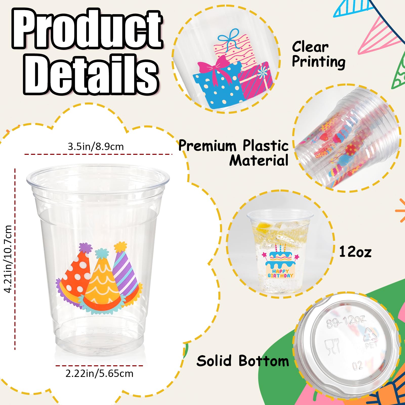 CUPLOOV 50pcs Happy Birthday Cups – 12oz Colorful Disposable Party Cups for Kids