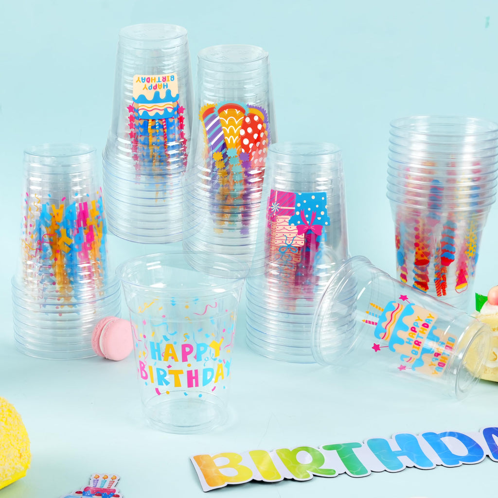 CUPLOOV 50pcs Happy Birthday Cups – 12oz Colorful Disposable Party Cups for Kids