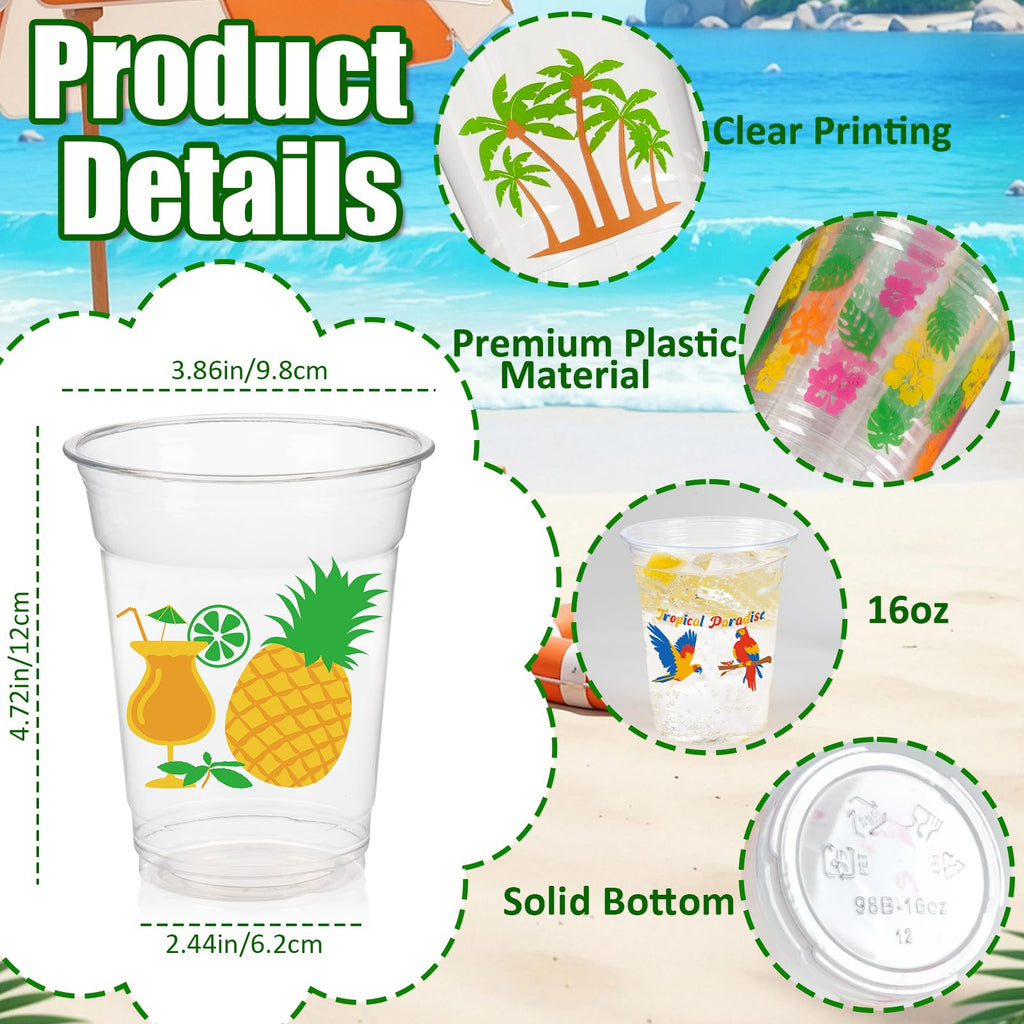 CUPLOOV 50Pcs Luau Party Cups – 16 oz Disposable Plastic Cups with Pineapple & Flamingo Design