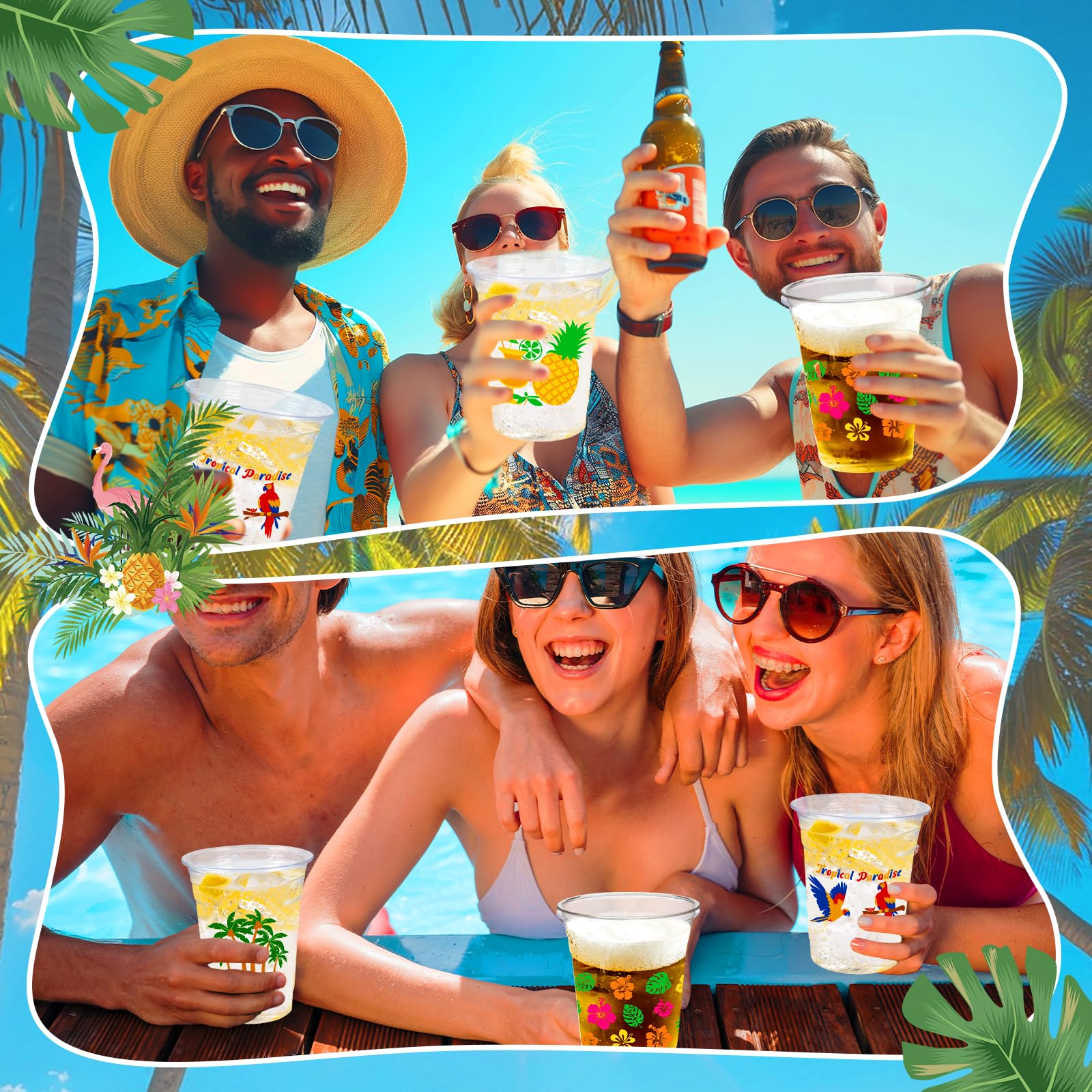 CUPLOOV 50Pcs Luau Party Cups – 16 oz Disposable Plastic Cups with Pineapple & Flamingo Design