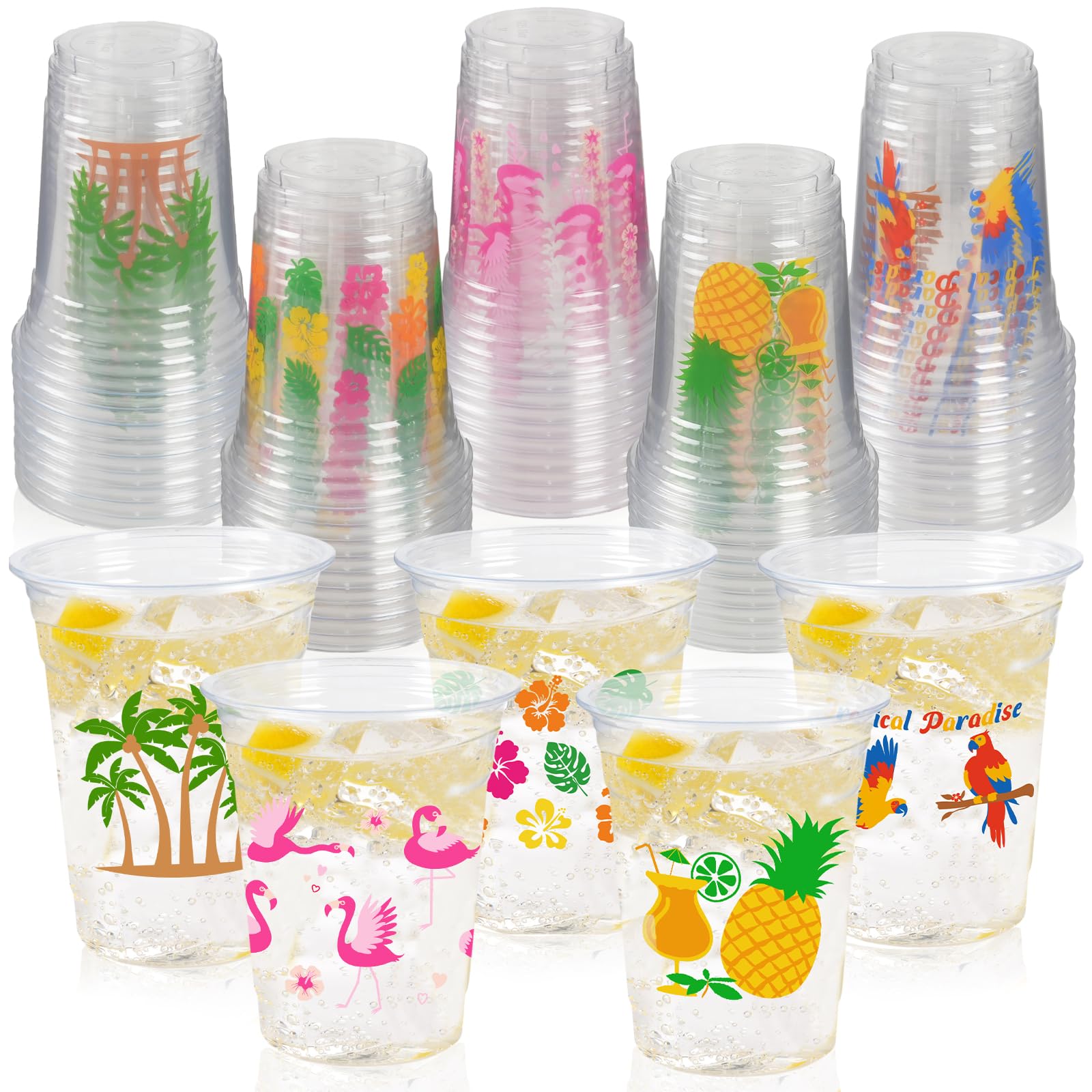 CUPLOOV 50Pcs Luau Party Cups – 16 oz Disposable Plastic Cups with Pineapple & Flamingo Design