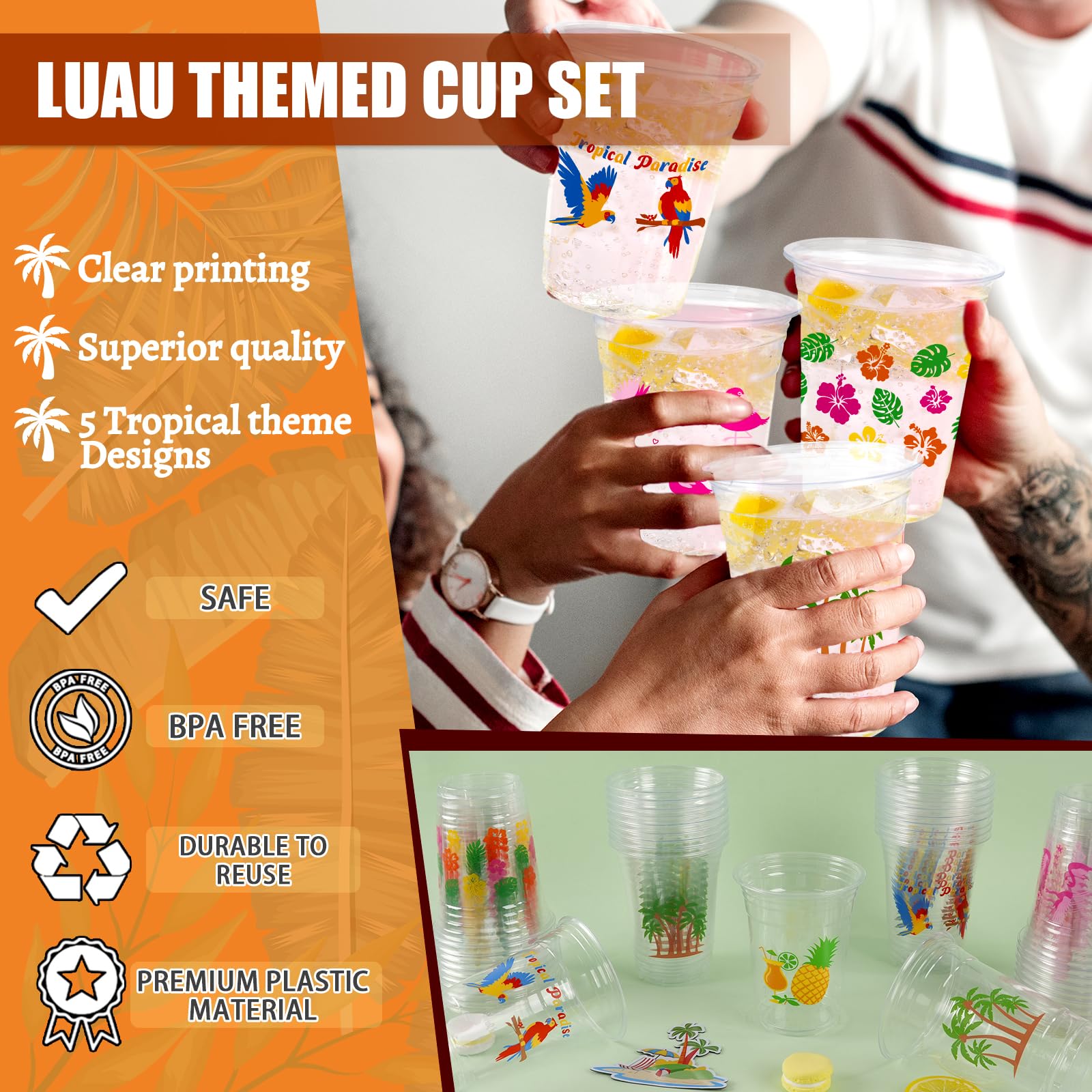 CUPLOOV 50Pcs Luau Party Cups – 16 oz Disposable Plastic Cups with Pineapple & Flamingo Design