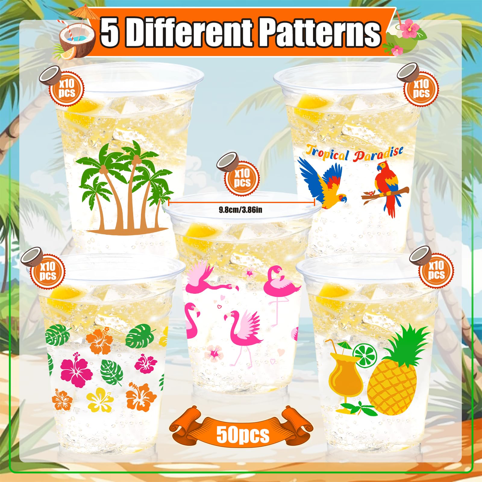 CUPLOOV 50Pcs Luau Party Cups – 16 oz Disposable Plastic Cups with Pineapple & Flamingo Design