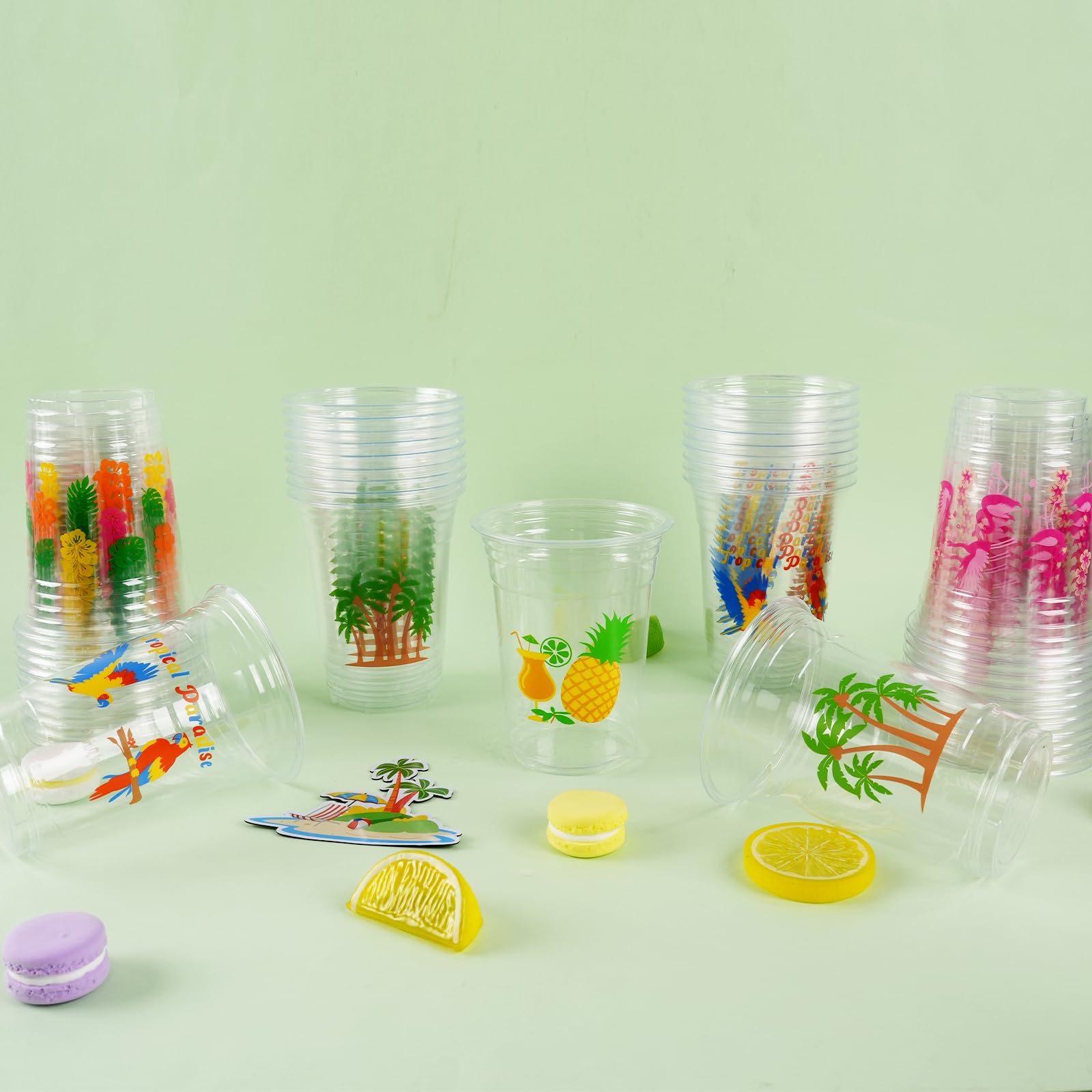 CUPLOOV 50Pcs Luau Party Cups – 16 oz Disposable Plastic Cups with Pineapple & Flamingo Design