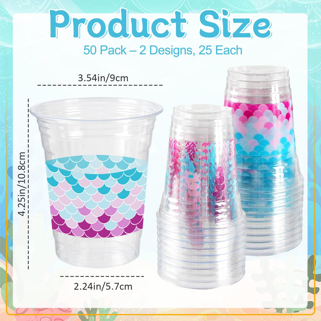 Cuploov 50 Pcs Mermaid Party Cups – 12oz Plastic, 2 Designs