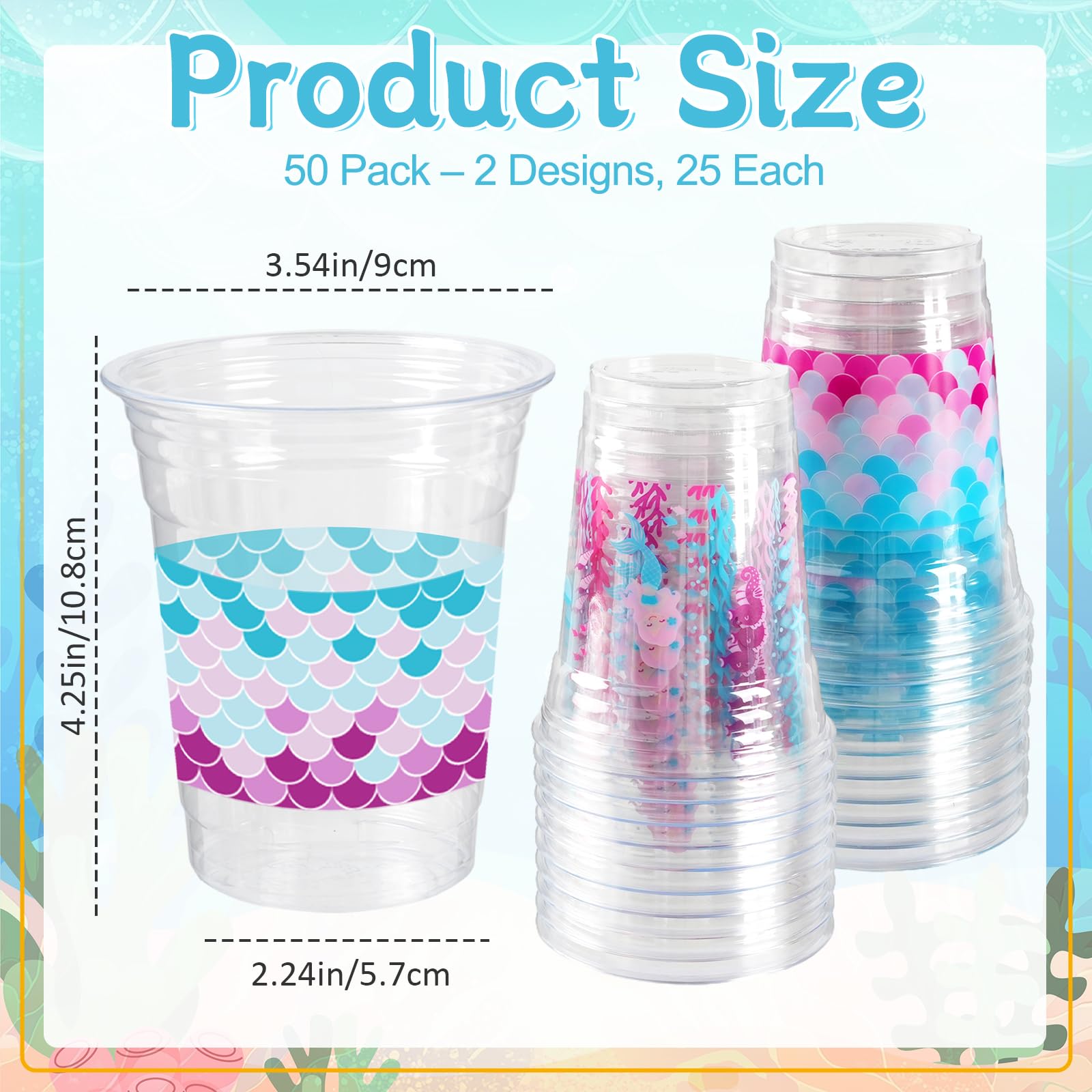 Cuploov 50 Pcs Mermaid Party Cups – 12oz Plastic, 2 Designs