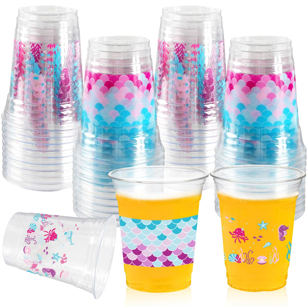 Cuploov 50 Pcs Mermaid Party Cups – 12oz Plastic, 2 Designs