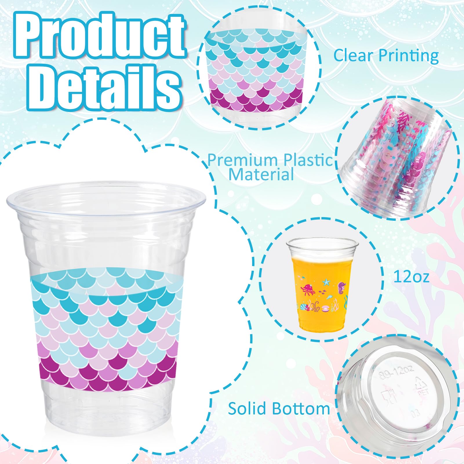 Cuploov 50 Pcs Mermaid Party Cups – 12oz Plastic, 2 Designs