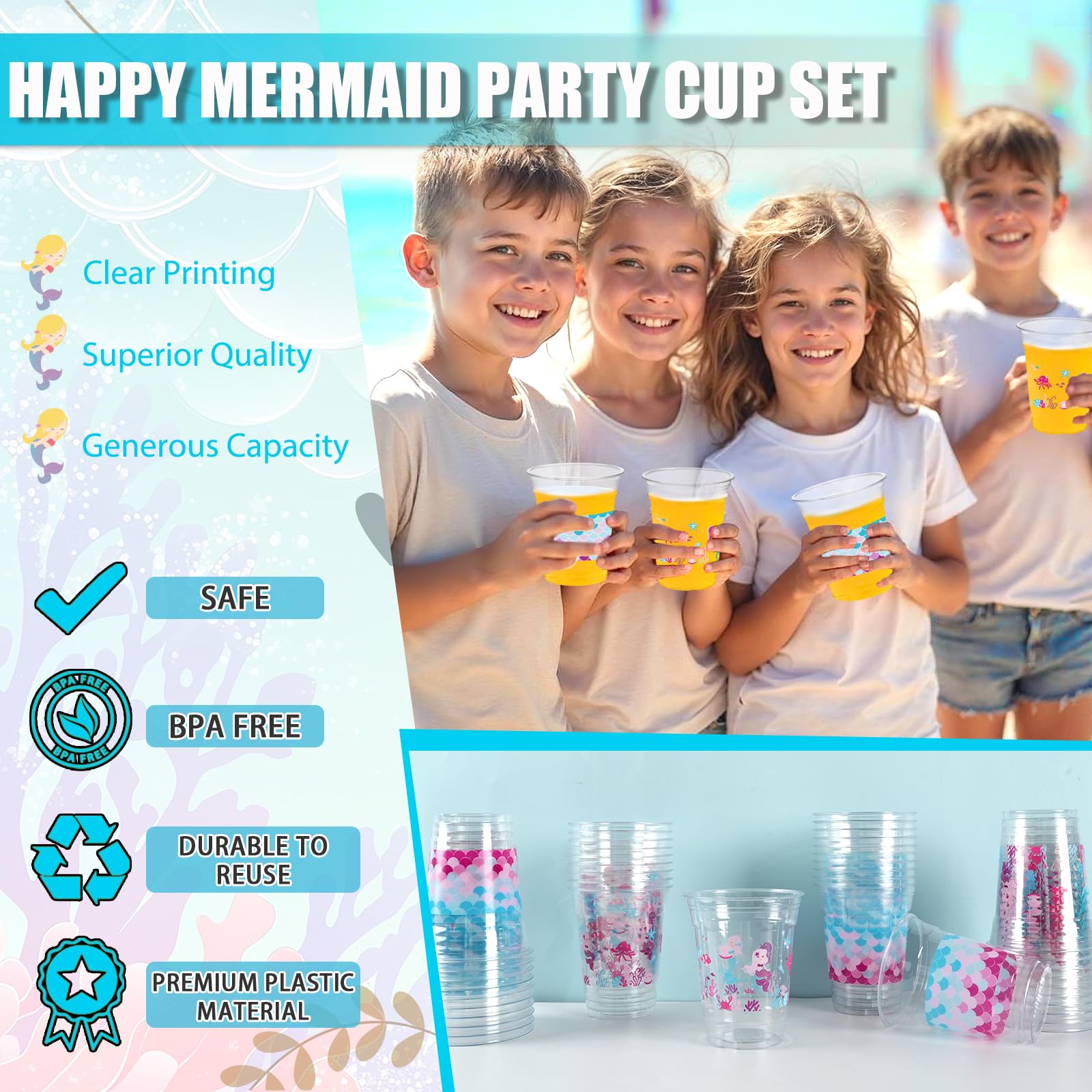 Cuploov 50 Pcs Mermaid Party Cups – 12oz Plastic, 2 Designs