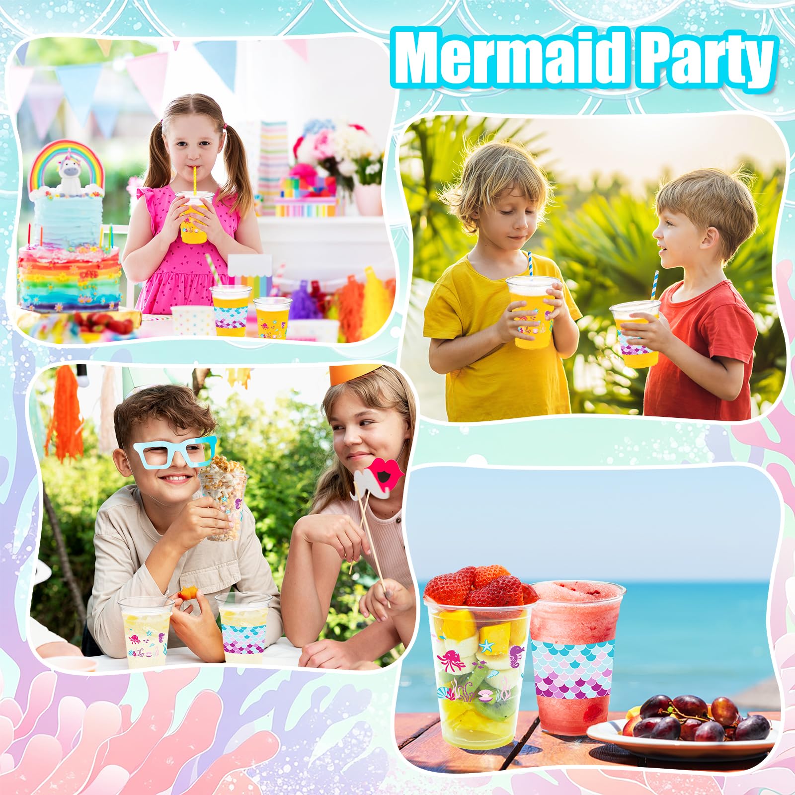 Cuploov 50 Pcs Mermaid Party Cups – 12oz Plastic, 2 Designs