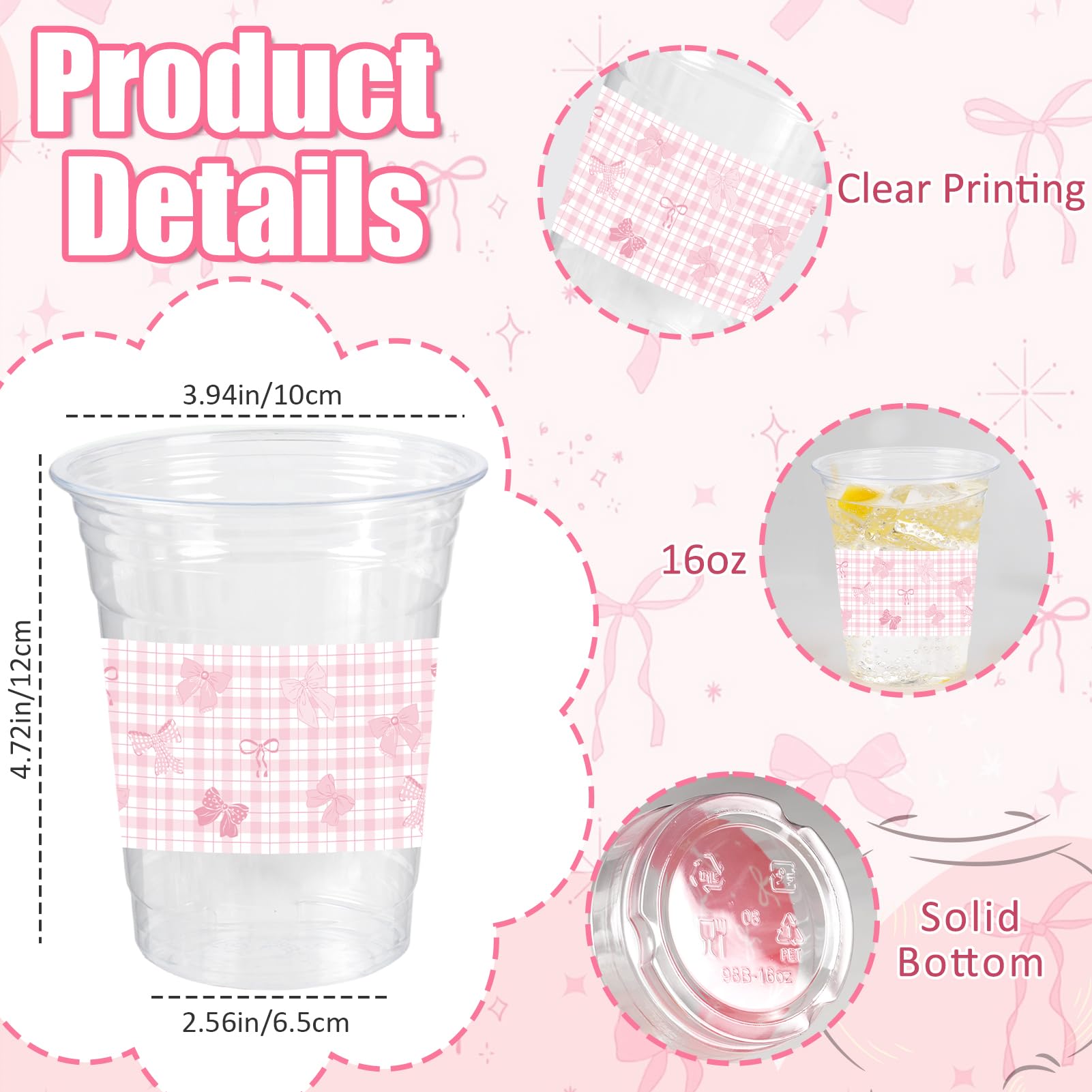 CUPLOOV 50 Pcs Pink Bow Cups – 16oz Plastic Cups for Coquette Weddings, Birthdays & Baby Showers