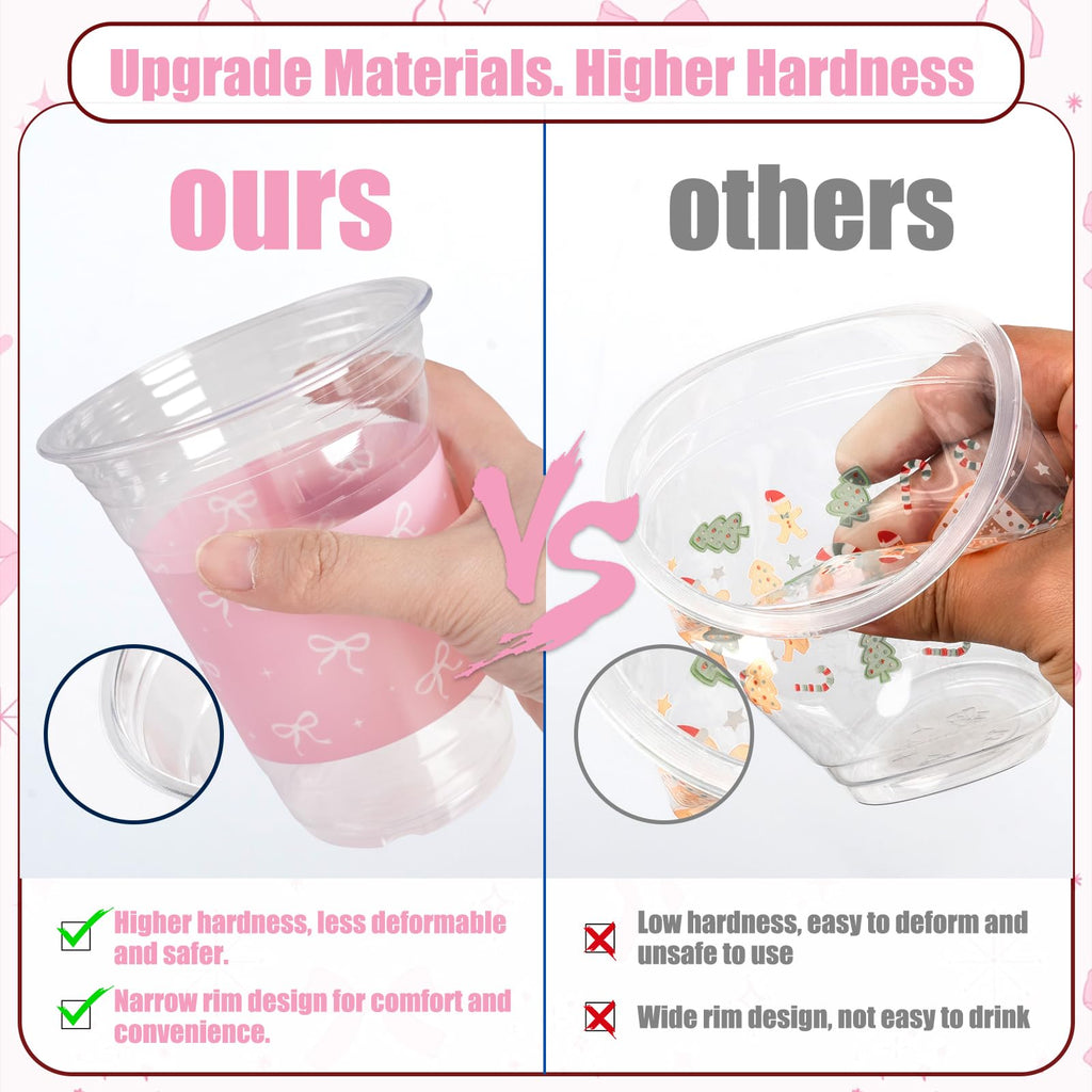 CUPLOOV 50 Pcs Pink Bow Cups – 16oz Plastic Cups for Coquette Weddings, Birthdays & Baby Showers