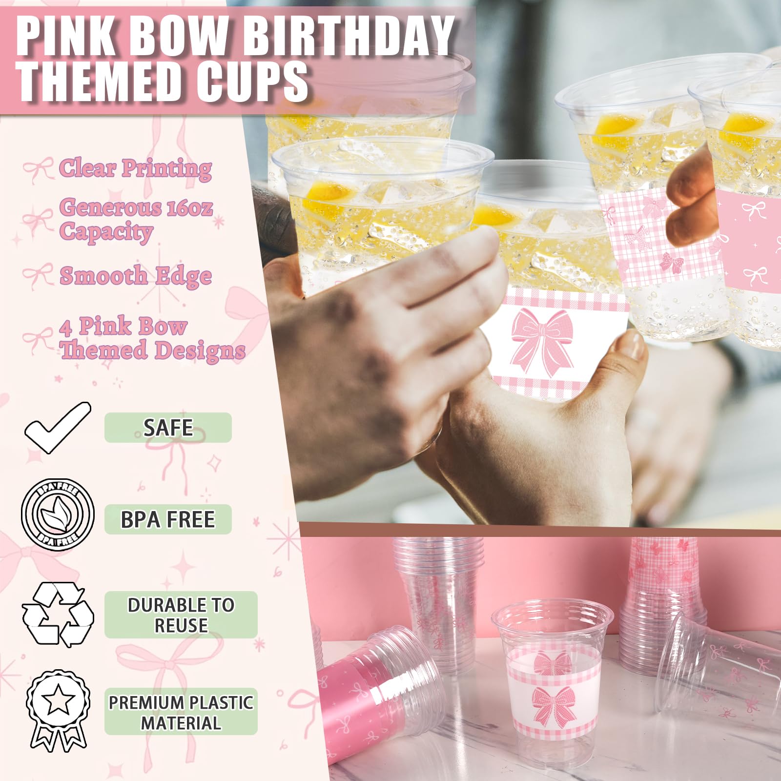 CUPLOOV 50 Pcs Pink Bow Cups – 16oz Plastic Cups for Coquette Weddings, Birthdays & Baby Showers
