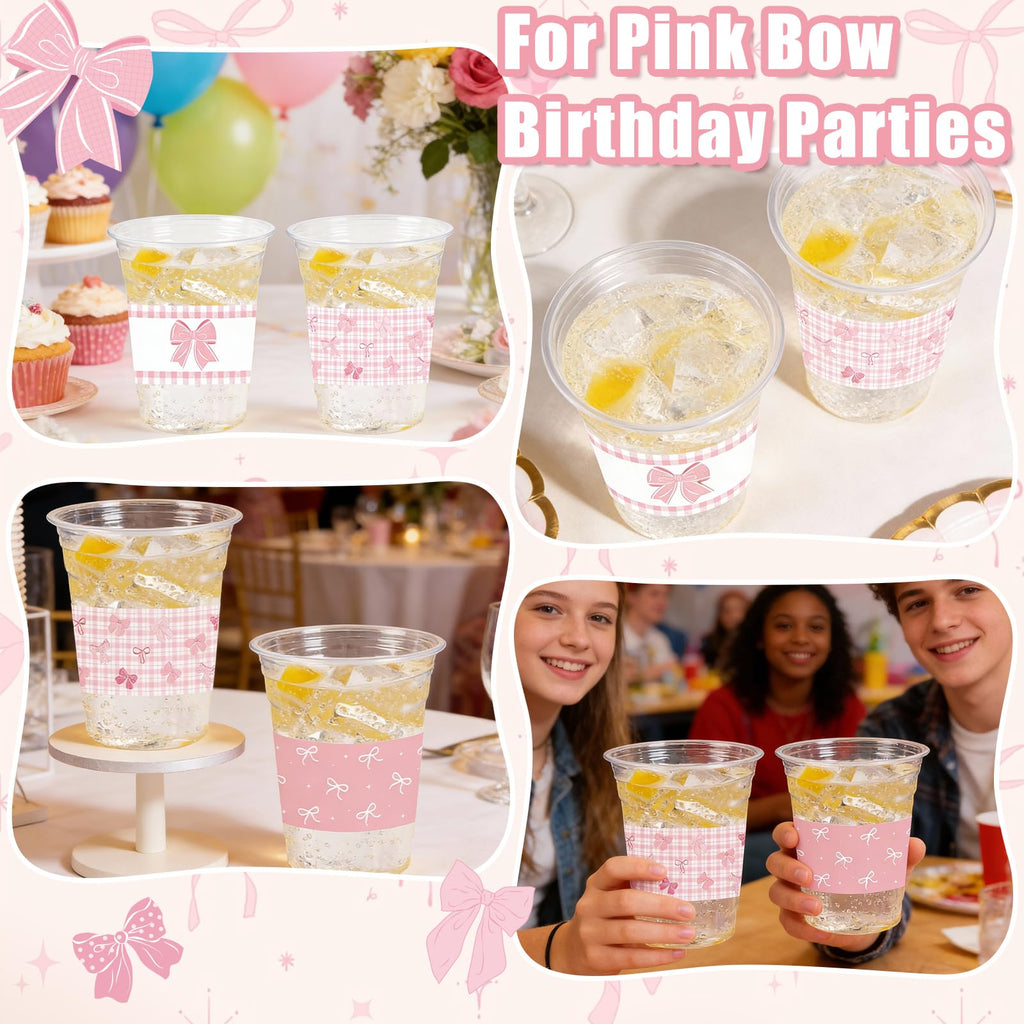 CUPLOOV 50 Pcs Pink Bow Cups – 16oz Plastic Cups for Coquette Weddings, Birthdays & Baby Showers