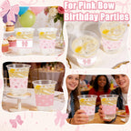 CUPLOOV 50 Pcs Pink Bow Cups – 16oz Plastic Cups for Coquette Weddings, Birthdays & Baby Showers