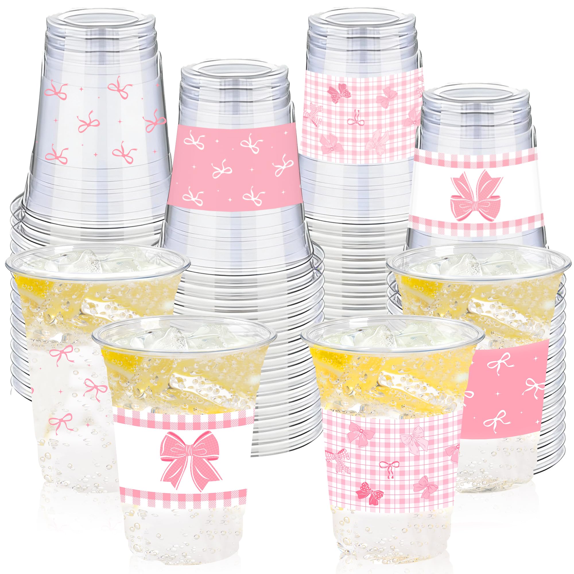 CUPLOOV 50 Pcs Pink Bow Cups – 16oz Plastic Cups for Coquette Weddings, Birthdays & Baby Showers
