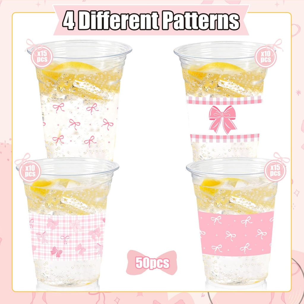 CUPLOOV 50 Pcs Pink Bow Cups – 16oz Plastic Cups for Coquette Weddings, Birthdays & Baby Showers