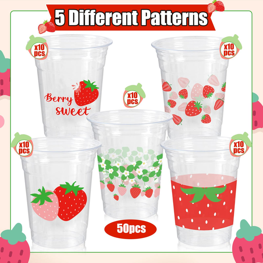 CUPLOOV 50Pcs Strawberry Party Cups – 12 oz Disposable Plastic Cups for Berry First Birthday & Party Decor