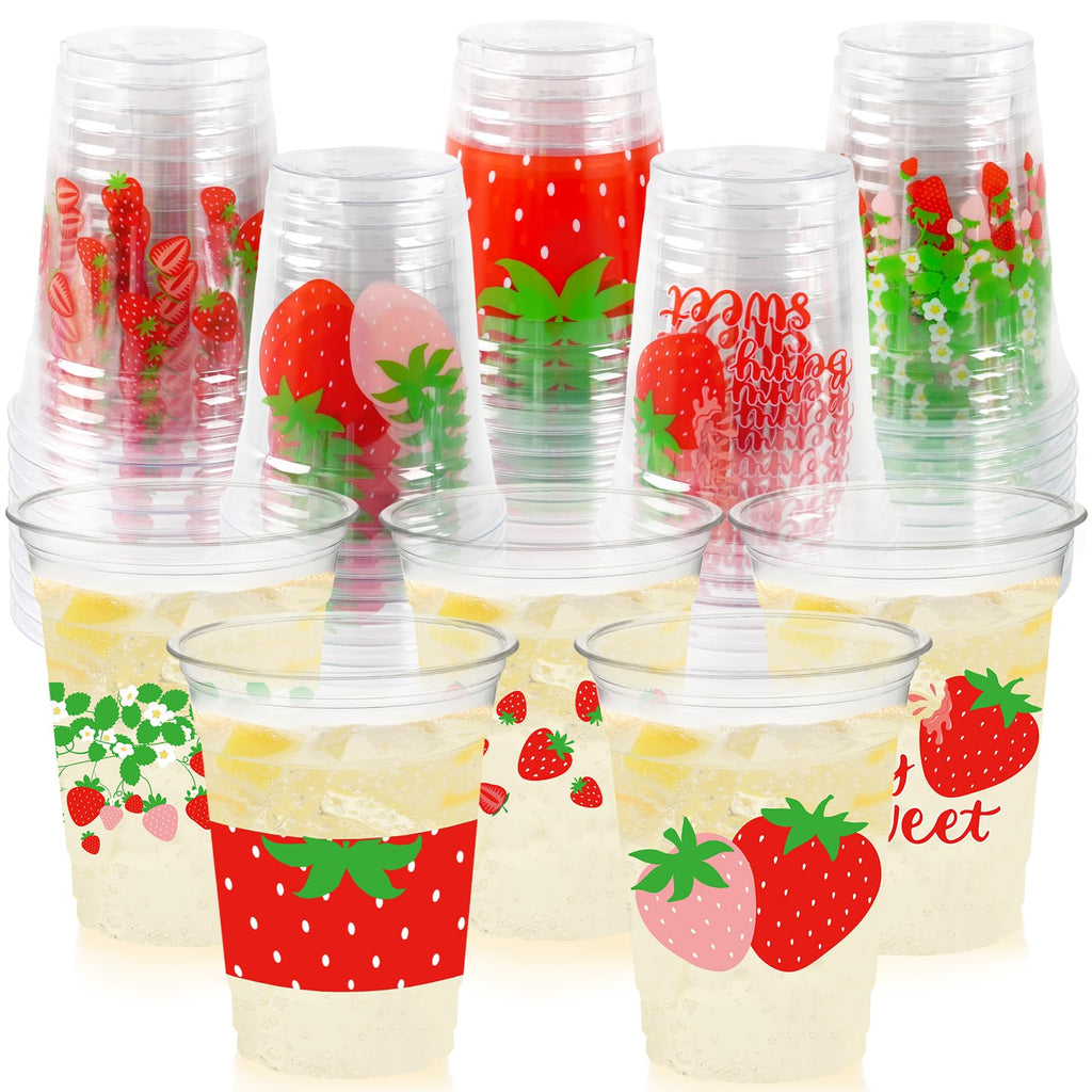 CUPLOOV 50Pcs Strawberry Party Cups – 12 oz Disposable Plastic Cups for Berry First Birthday & Party Decor