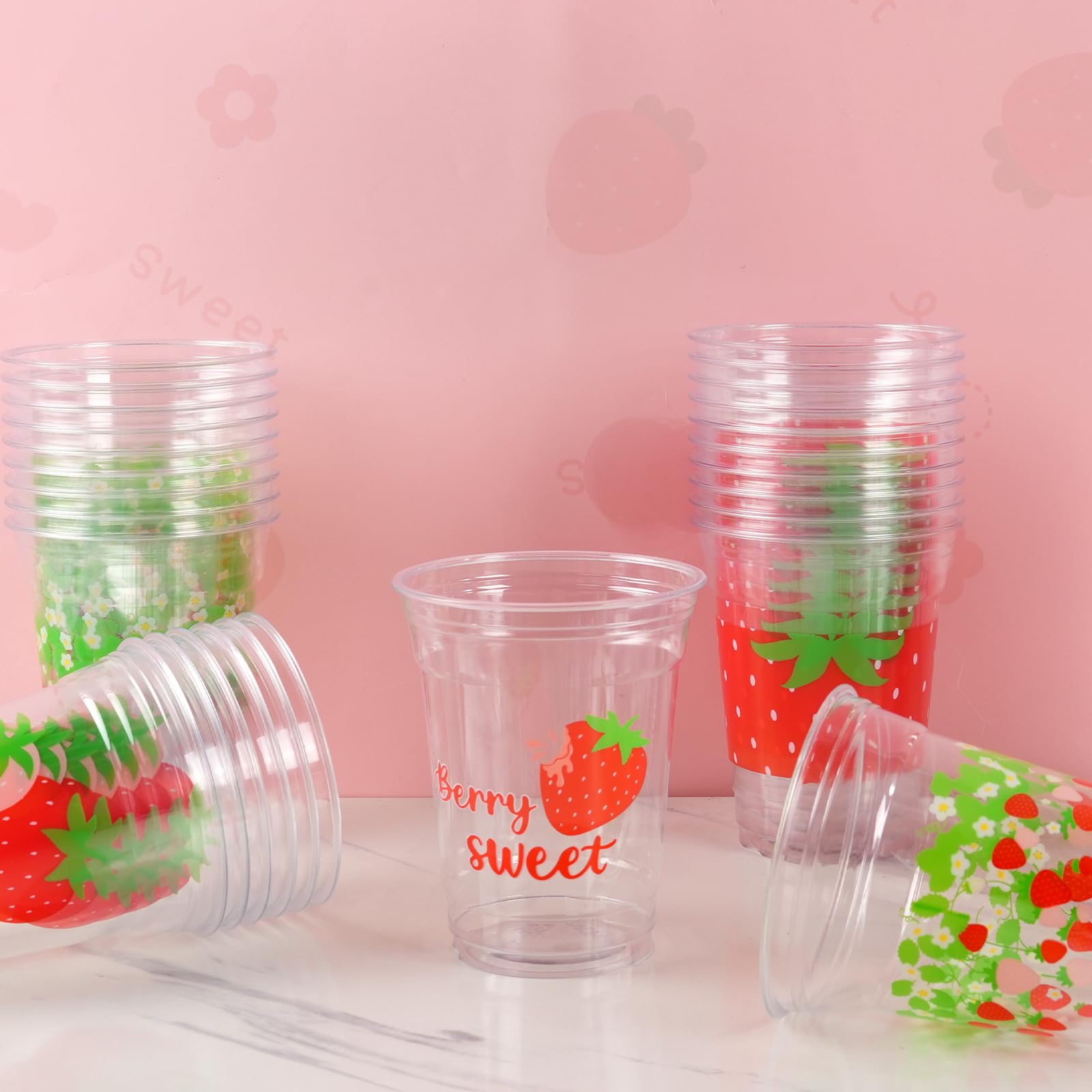 CUPLOOV 50Pcs Strawberry Party Cups – 12 oz Disposable Plastic Cups for Berry First Birthday & Party Decor