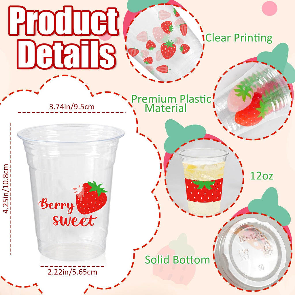 CUPLOOV 50Pcs Strawberry Party Cups – 12 oz Disposable Plastic Cups for Berry First Birthday & Party Decor