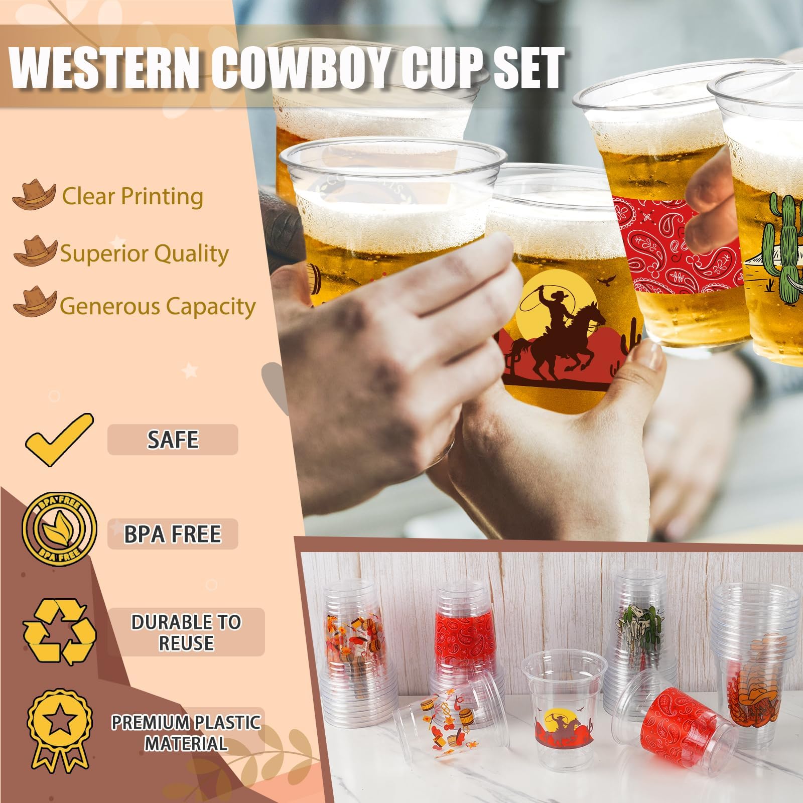 CUPLOOV 50Pcs Western Cowboy Plastic Cups – 12 oz Disposable Party Cups