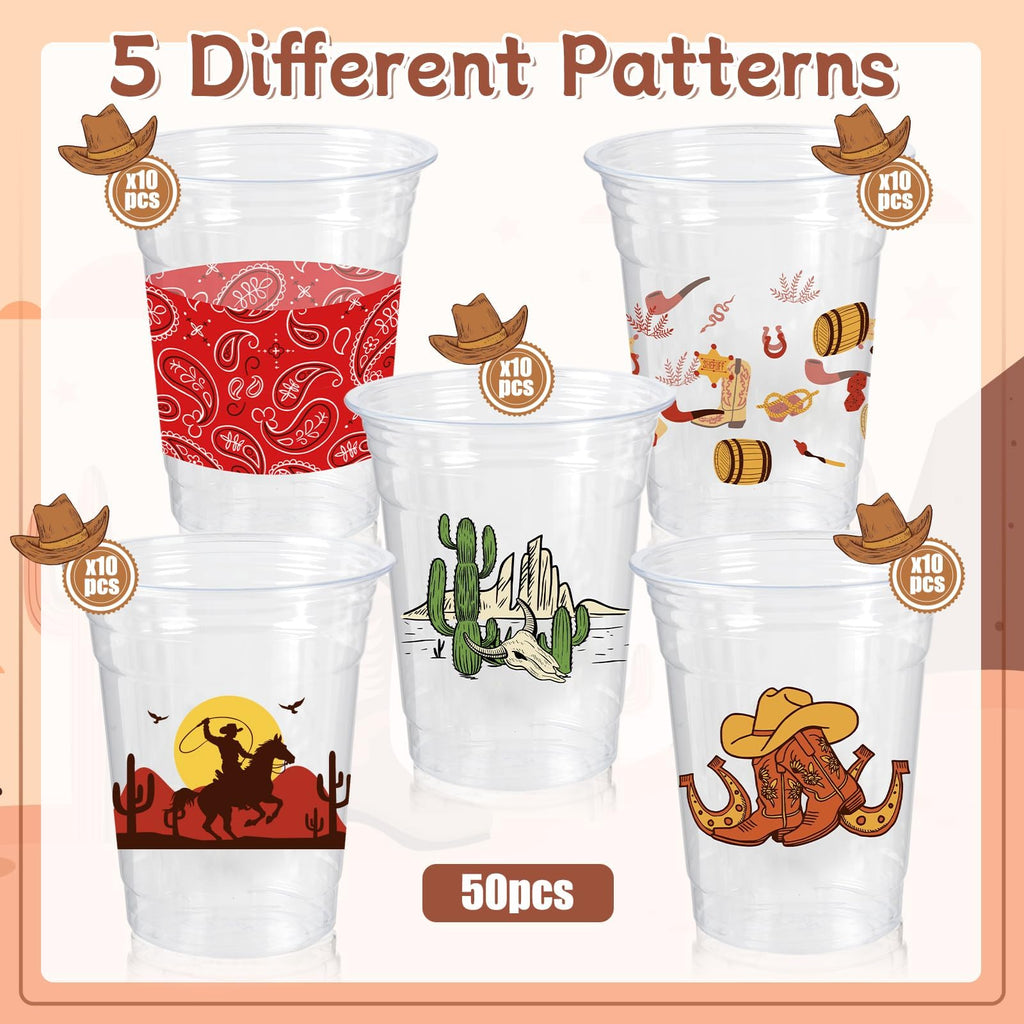 CUPLOOV 50Pcs Western Cowboy Plastic Cups – 12 oz Disposable Party Cups