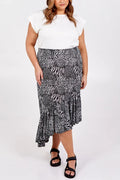 Curve Asymmetric Hem Tiered Midi Skirt | Plus Size 22 | Black & White Print